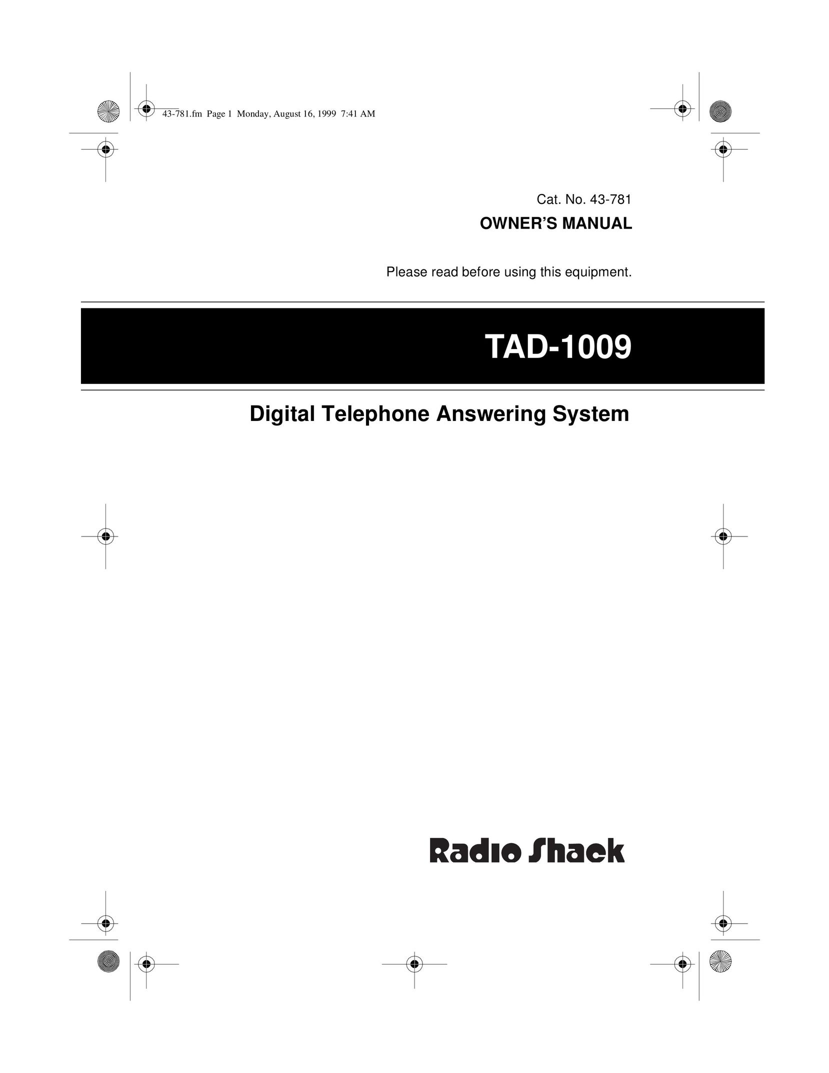 Radio Shack TAD-1009 Answering Machine User Manual