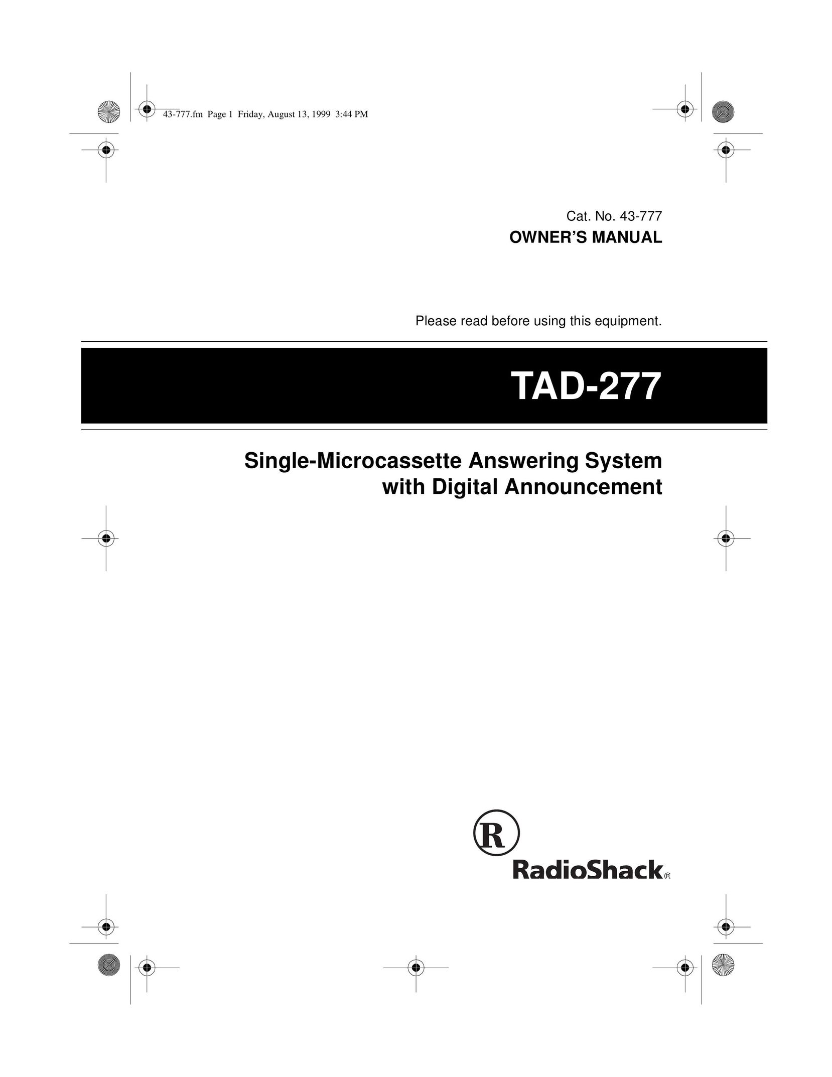 Radio Shack TAD-277 Answering Machine User Manual