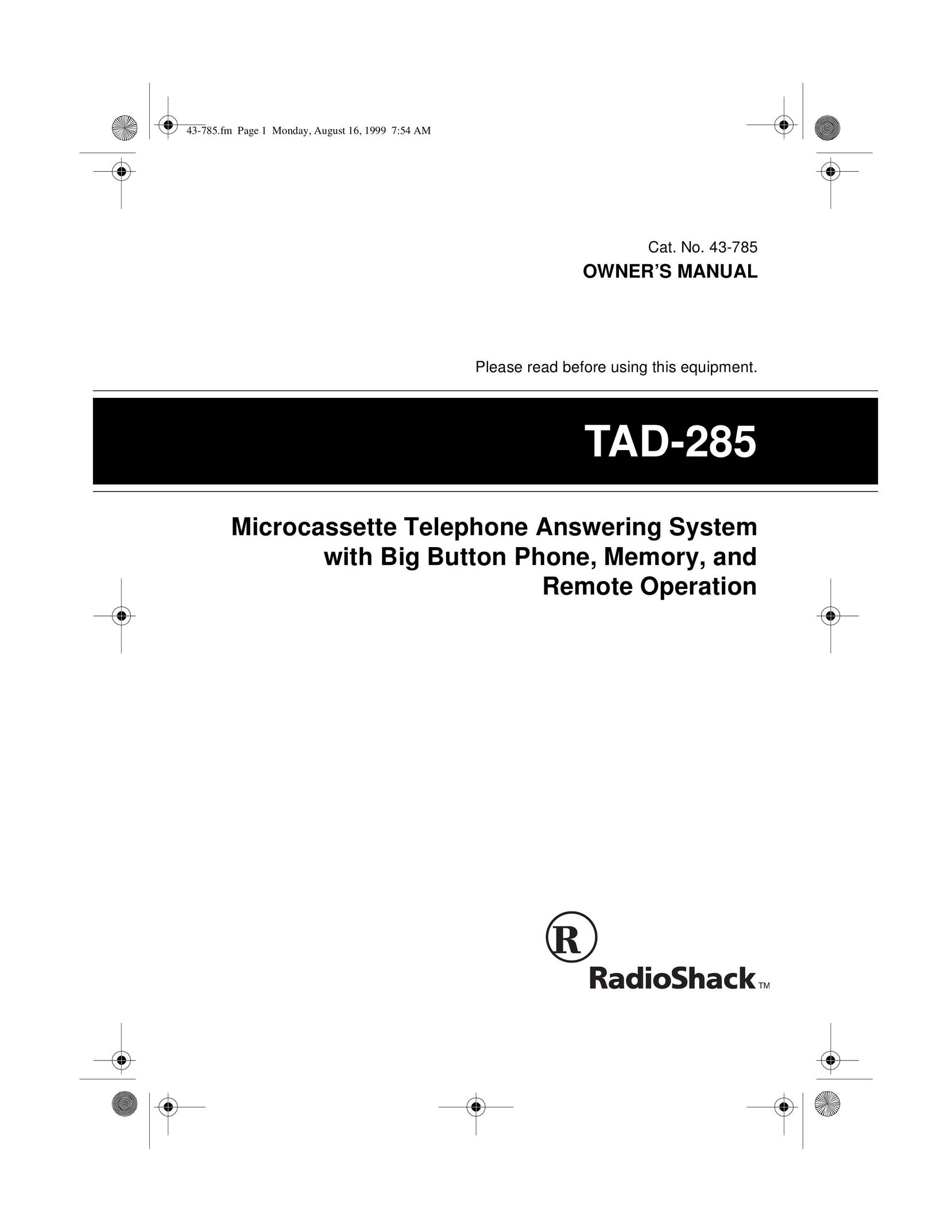 Radio Shack TAD-285 Answering Machine User Manual