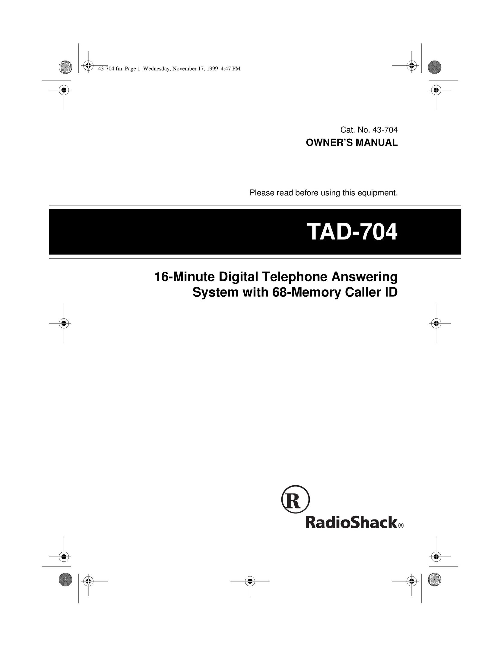 Radio Shack TAD-704 Answering Machine User Manual