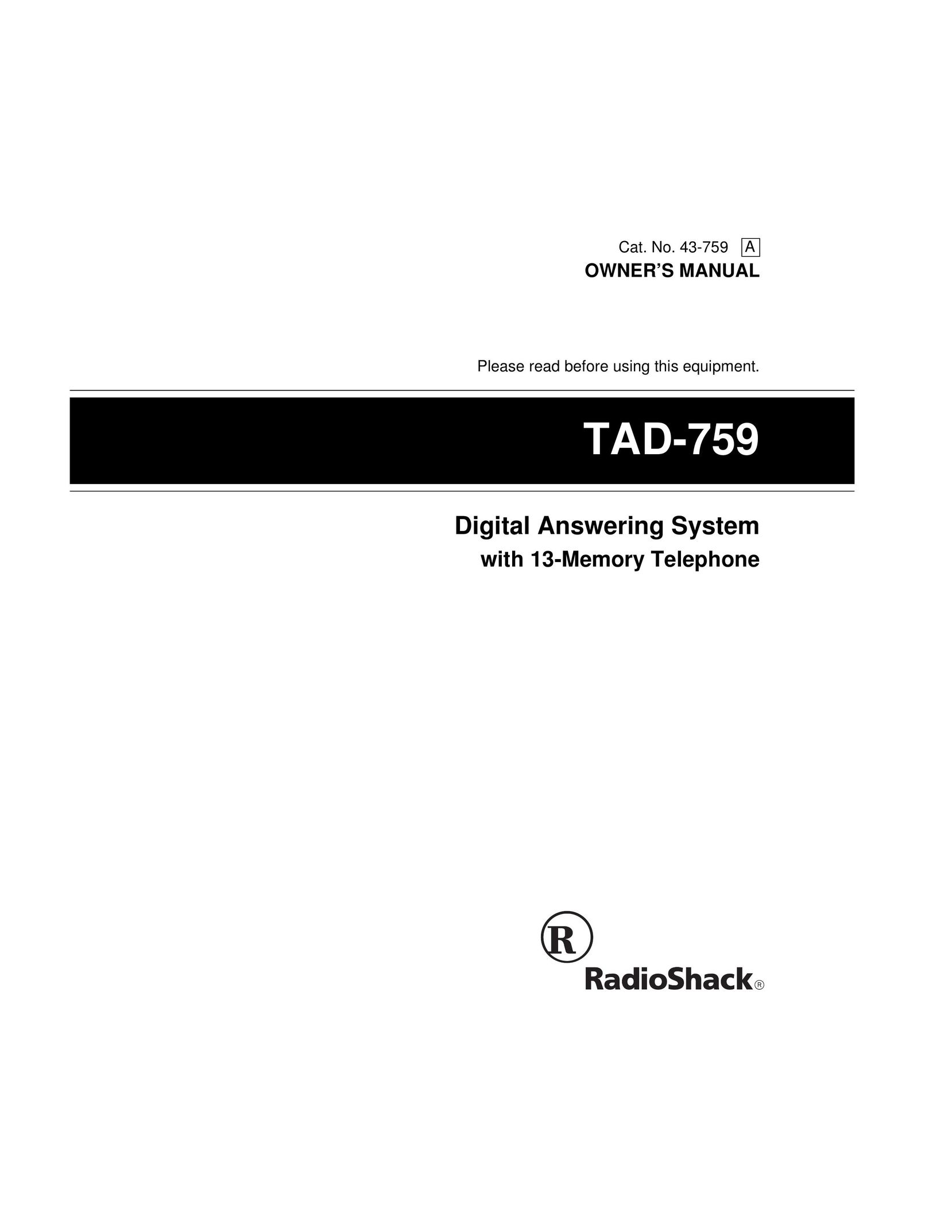 Radio Shack TAD-759 Answering Machine User Manual