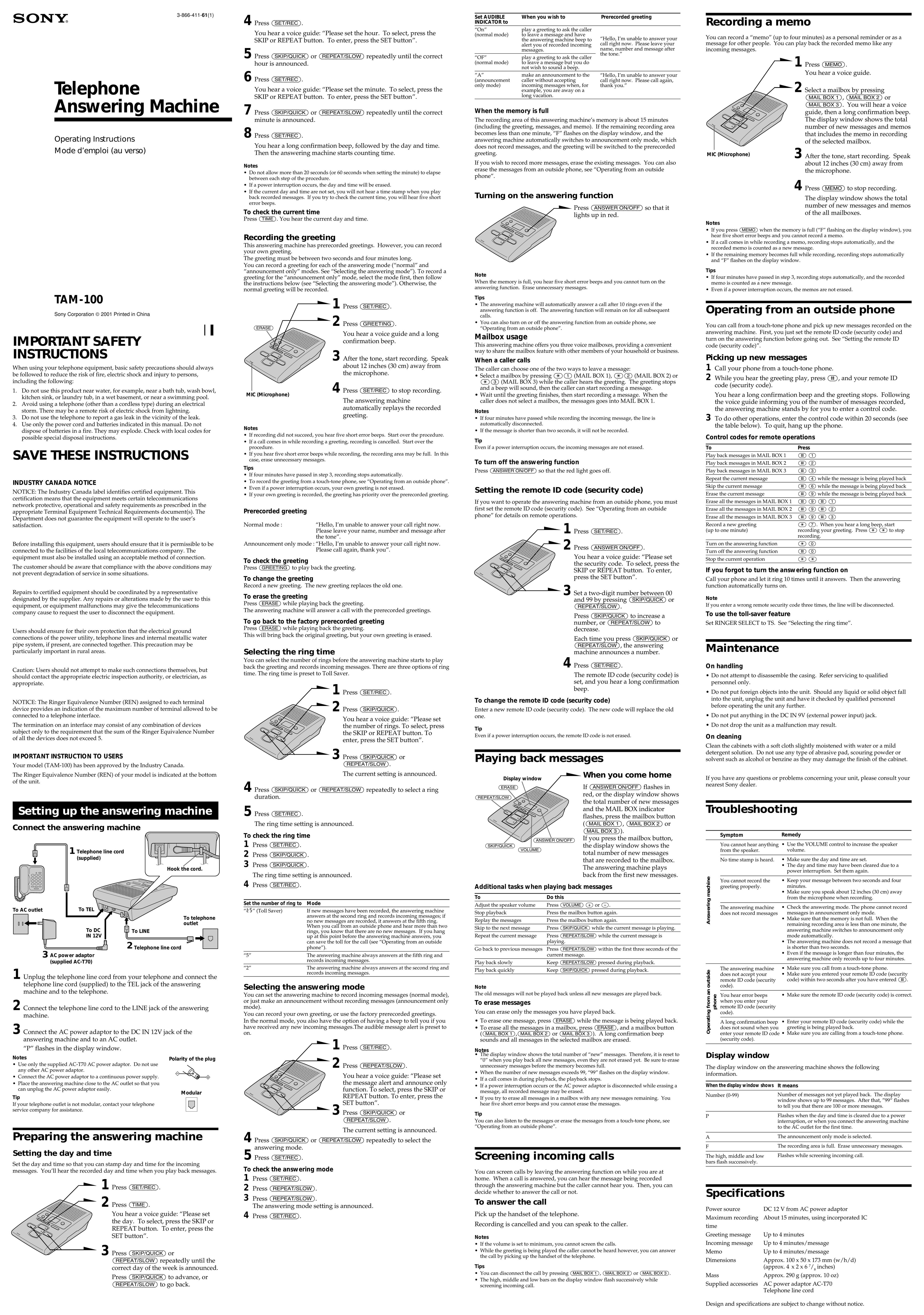 Sony TAM-100 Answering Machine User Manual