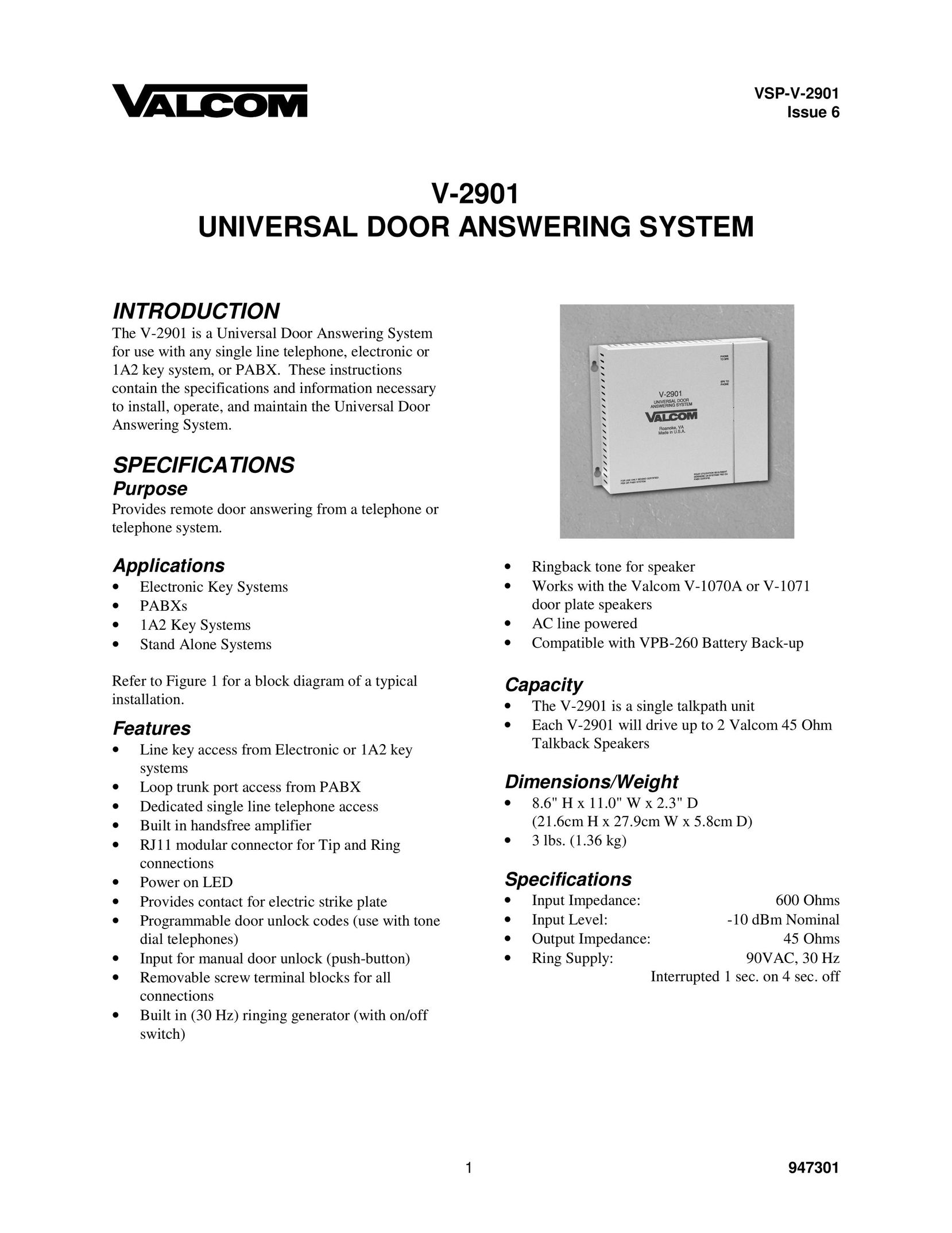 Valcom V-2901 Answering Machine User Manual
