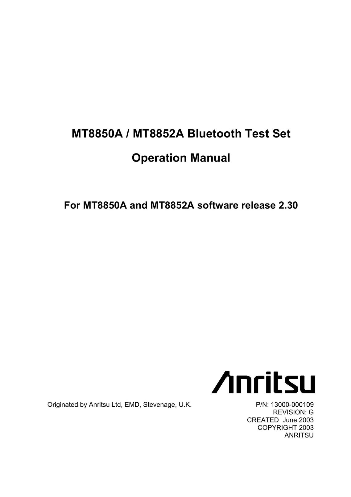 Anritsu MT8850A Bluetooth Headset User Manual