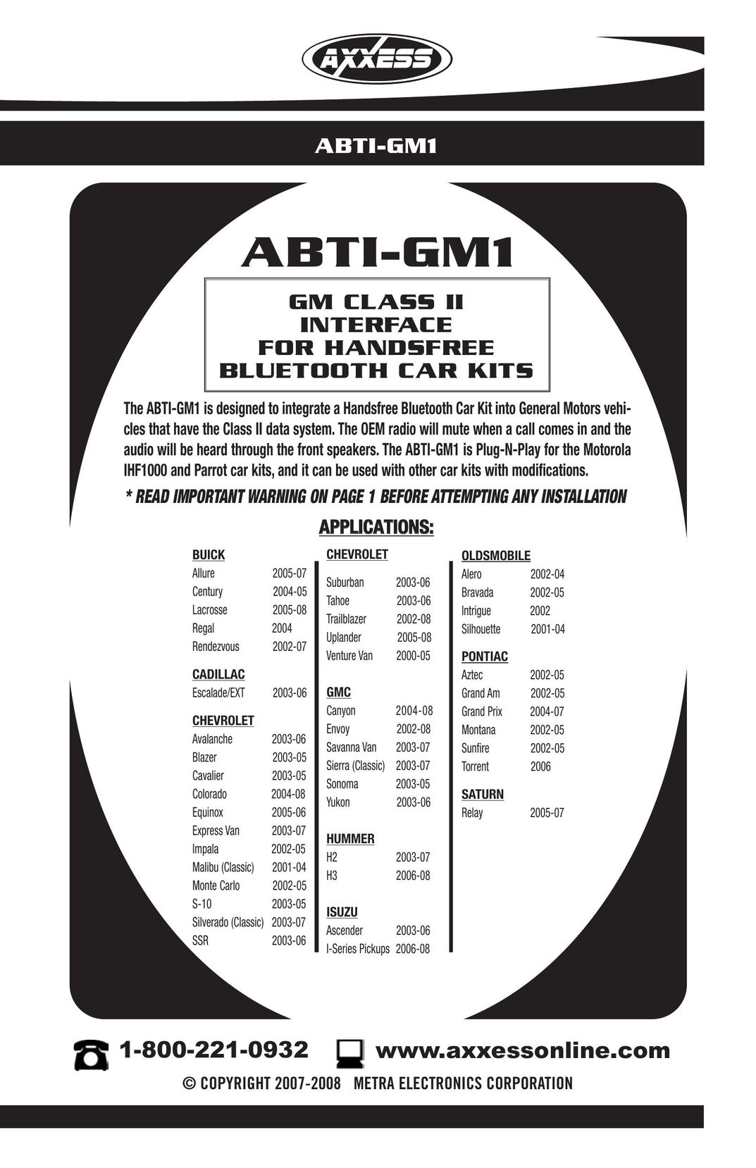 Axxess Interface ABTI-GM1 Bluetooth Headset User Manual