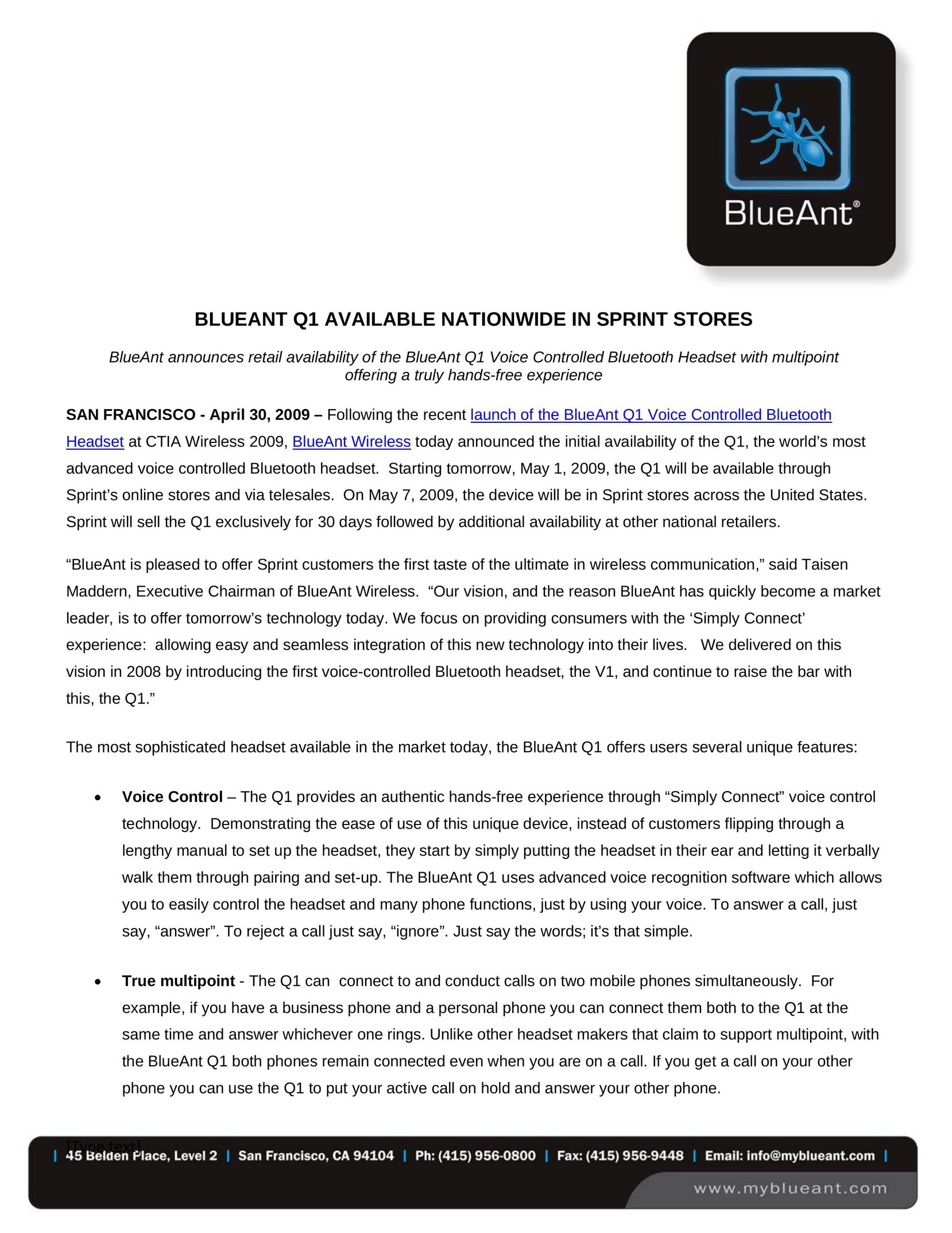 BlueAnt Wireless Q1 Bluetooth Headset User Manual