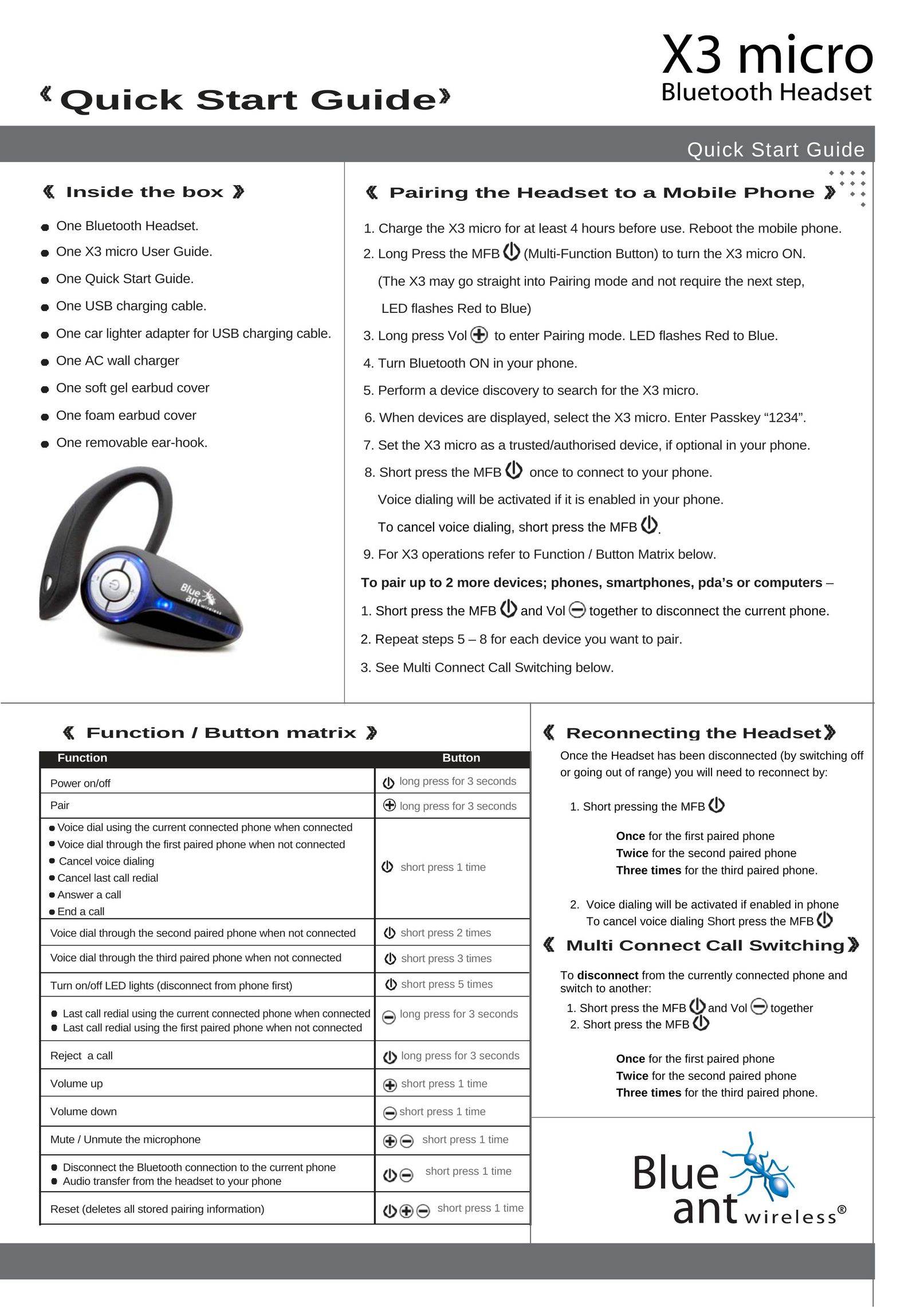 BlueAnt Wireless X3 Bluetooth Headset User Manual