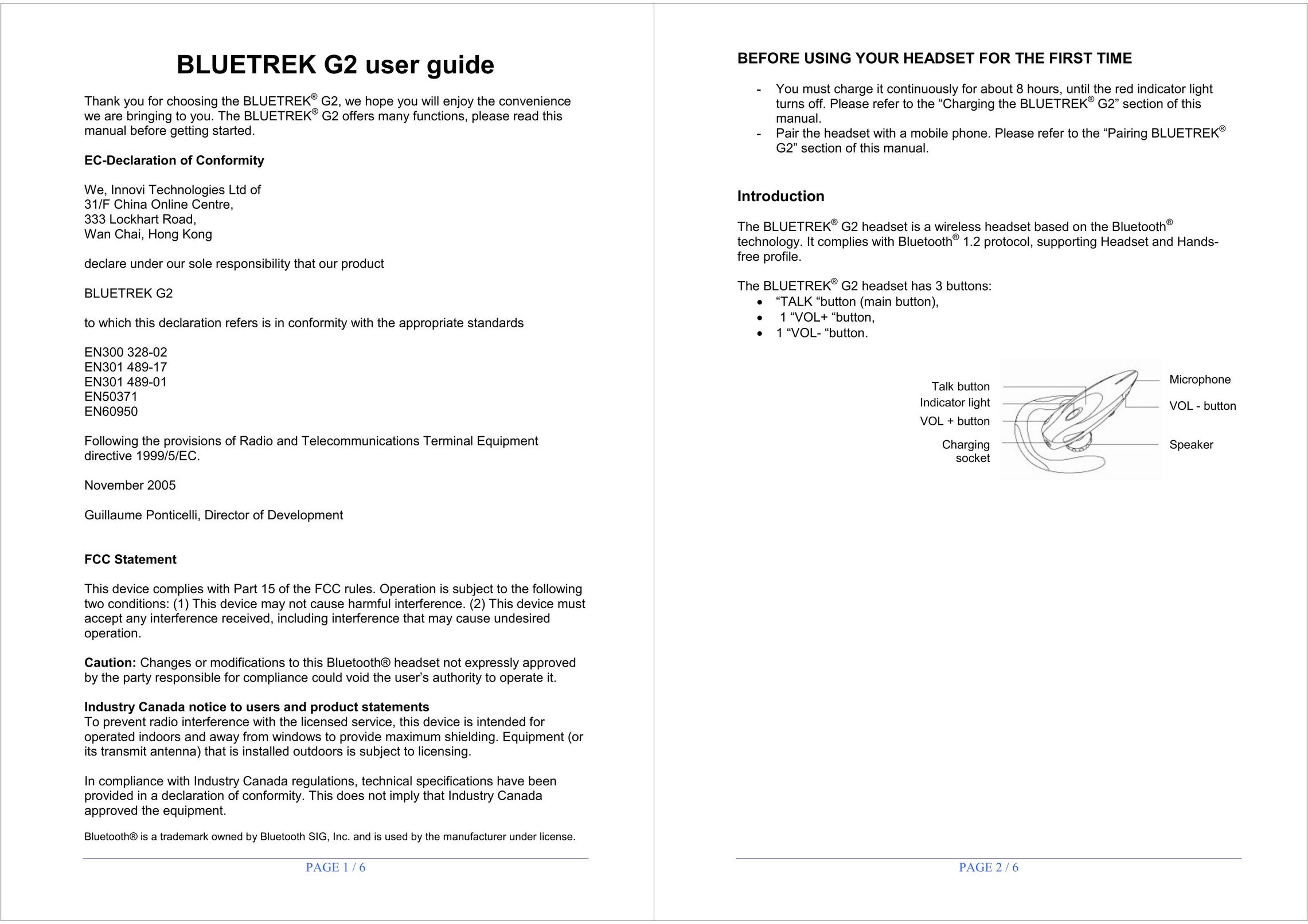 BlueTrek EN300 328-02 Bluetooth Headset User Manual