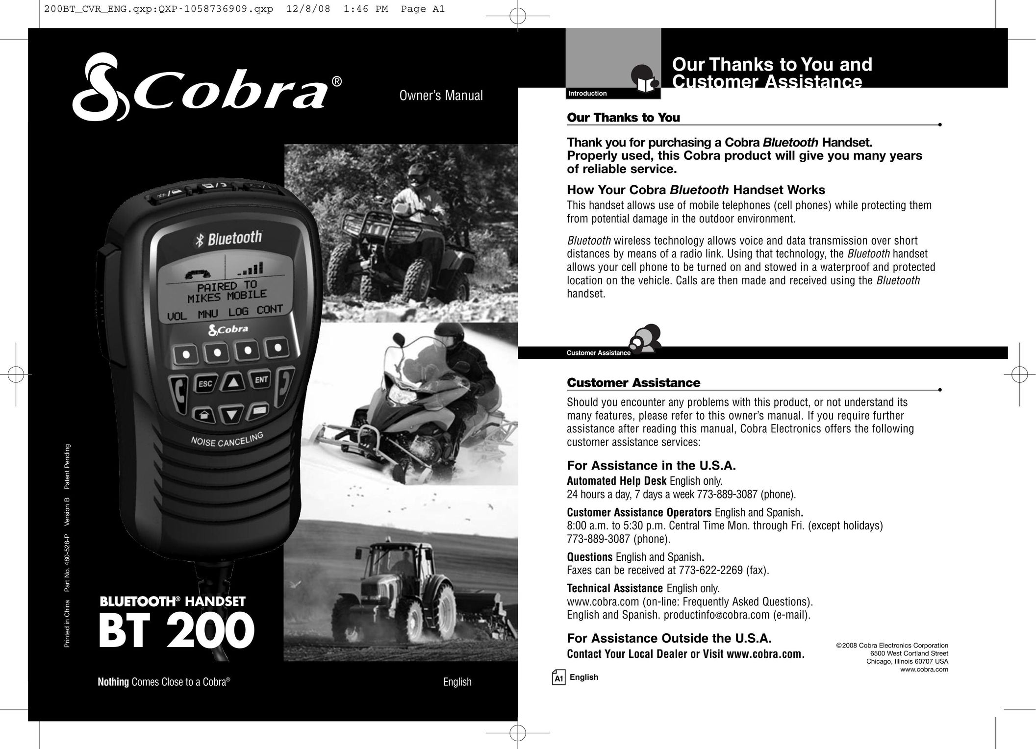 Cobra Digital BT 200 Bluetooth Headset User Manual
