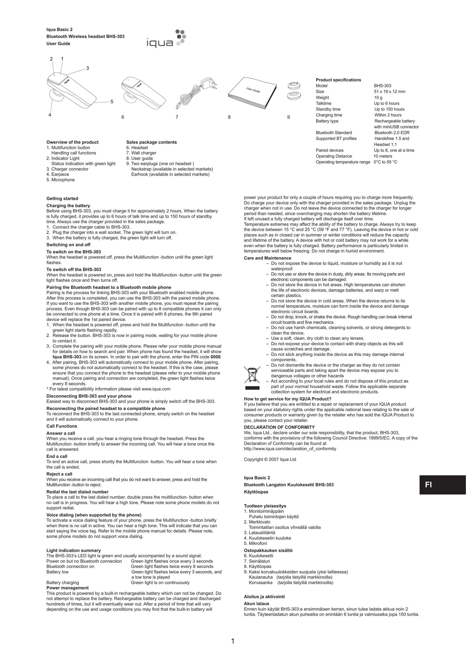 Iqua BHS-303 Bluetooth Headset User Manual