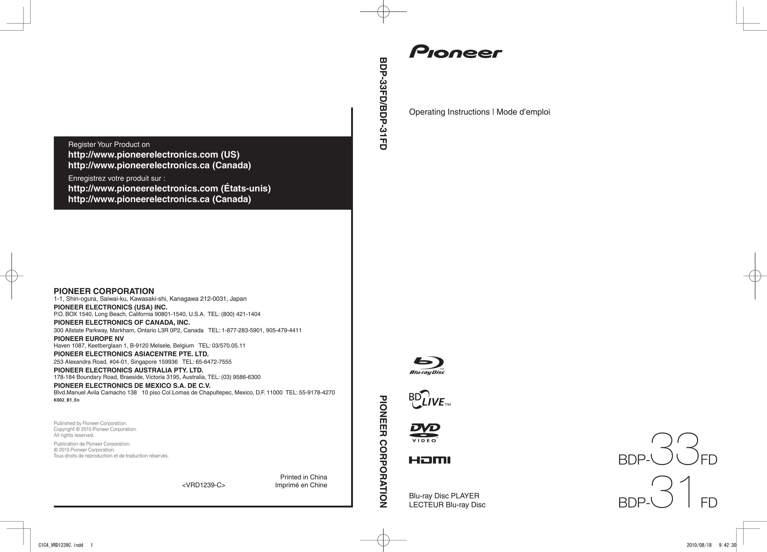 Pioneer BDP-31FD Bluetooth Headset User Manual