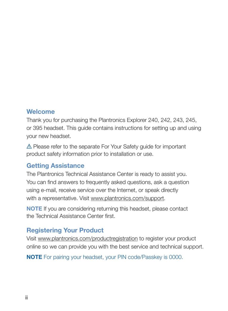 Plantronics 245 Bluetooth Headset User Manual