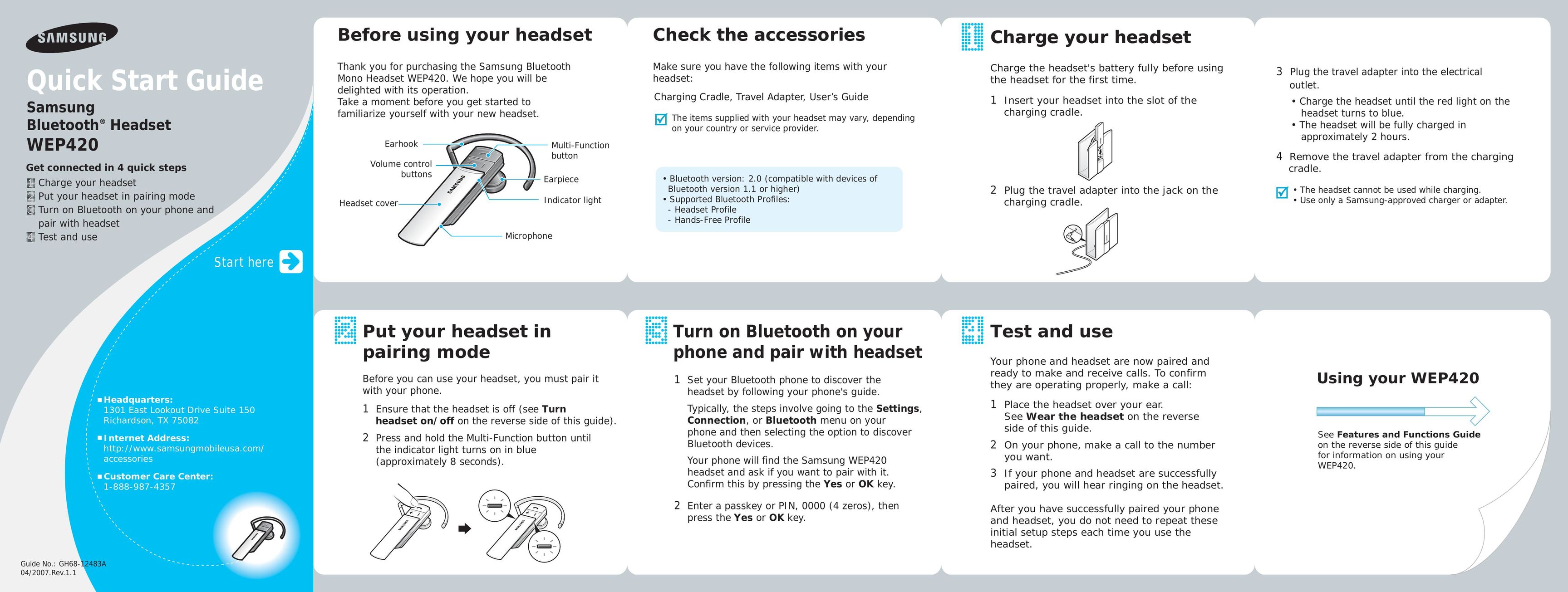 Samsung GH68-12483A Bluetooth Headset User Manual