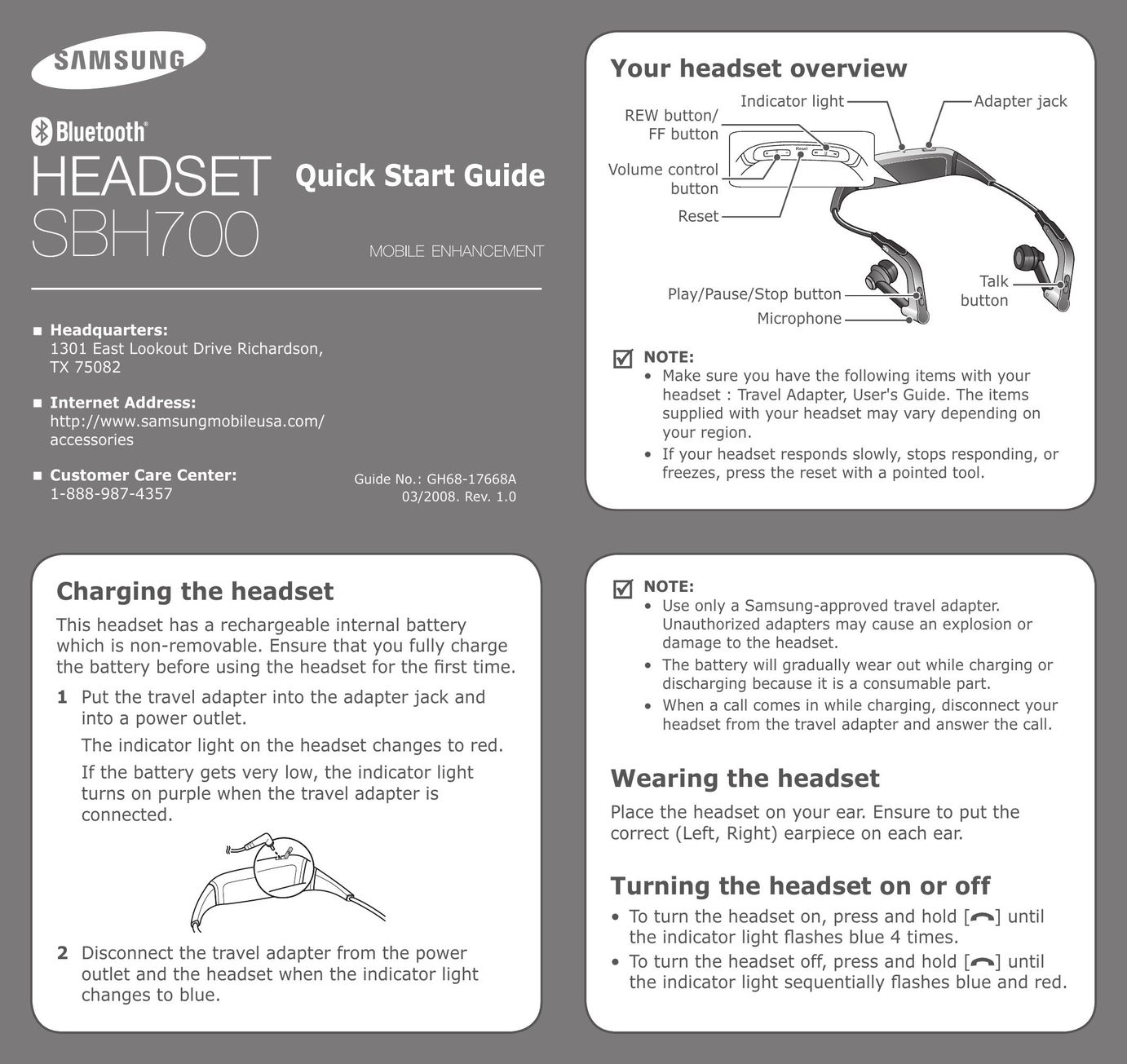 Samsung GH68-17668A Bluetooth Headset User Manual