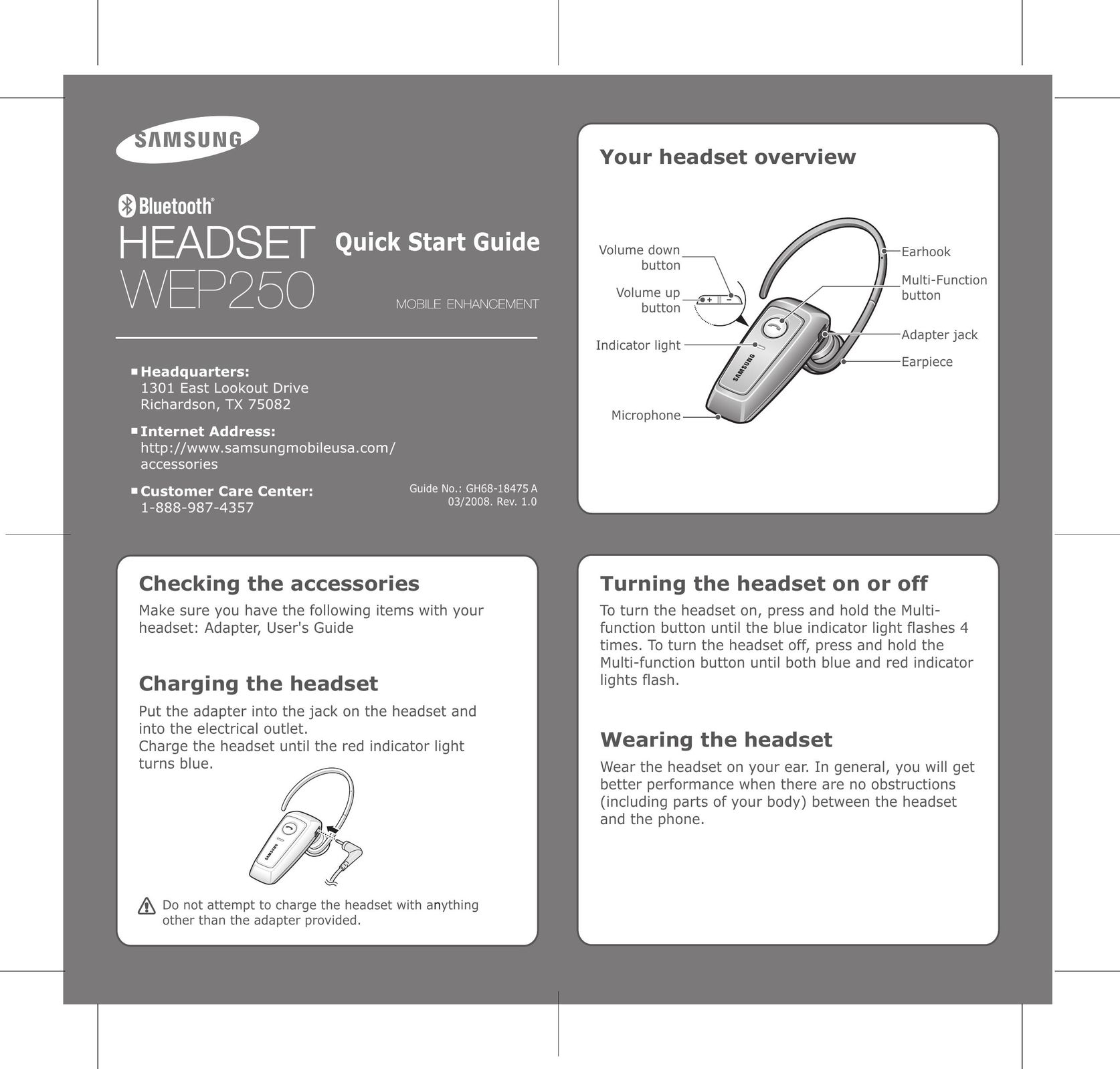 Samsung GH68-18475A Bluetooth Headset User Manual