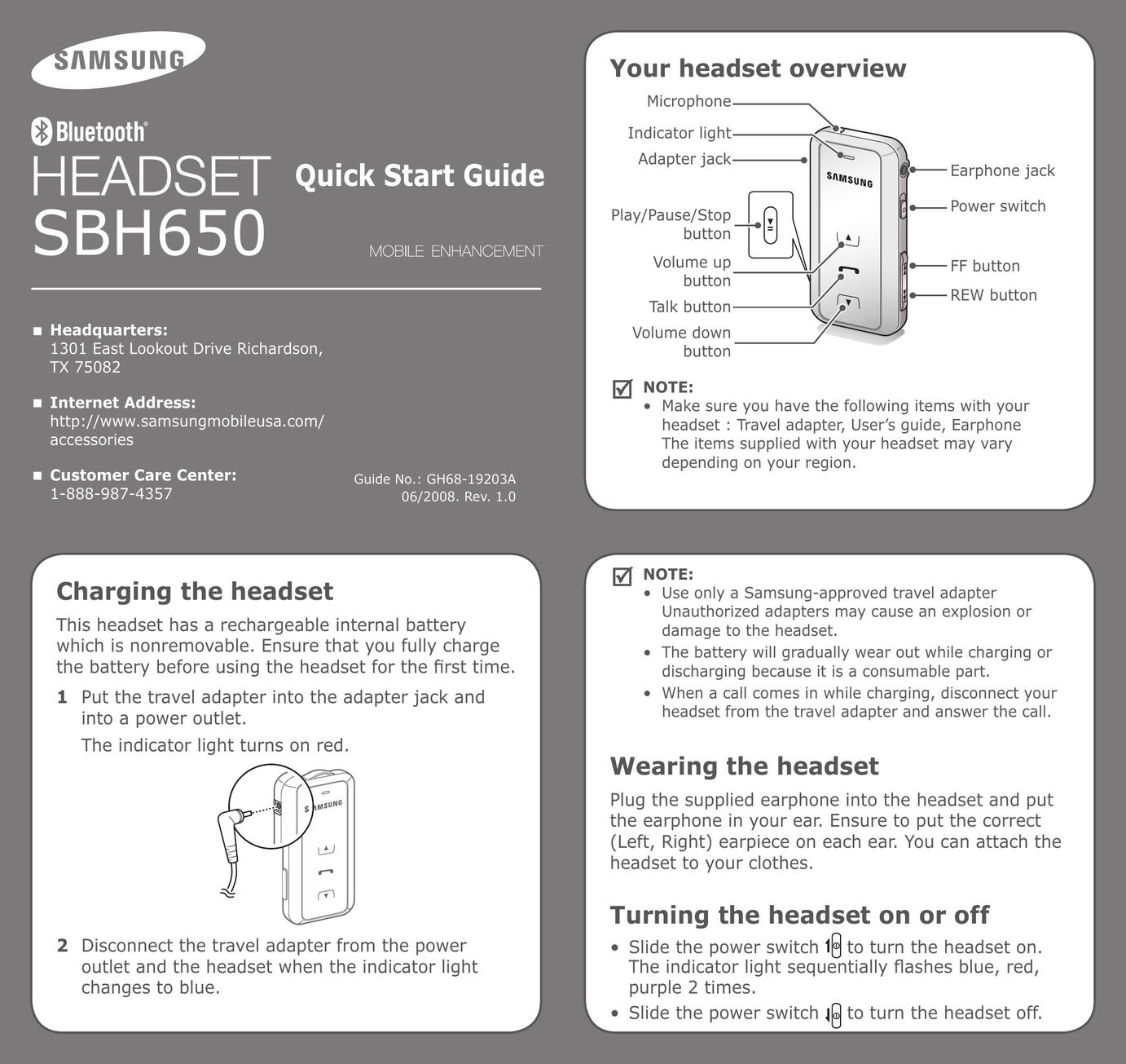 Samsung GH68-19203A Bluetooth Headset User Manual