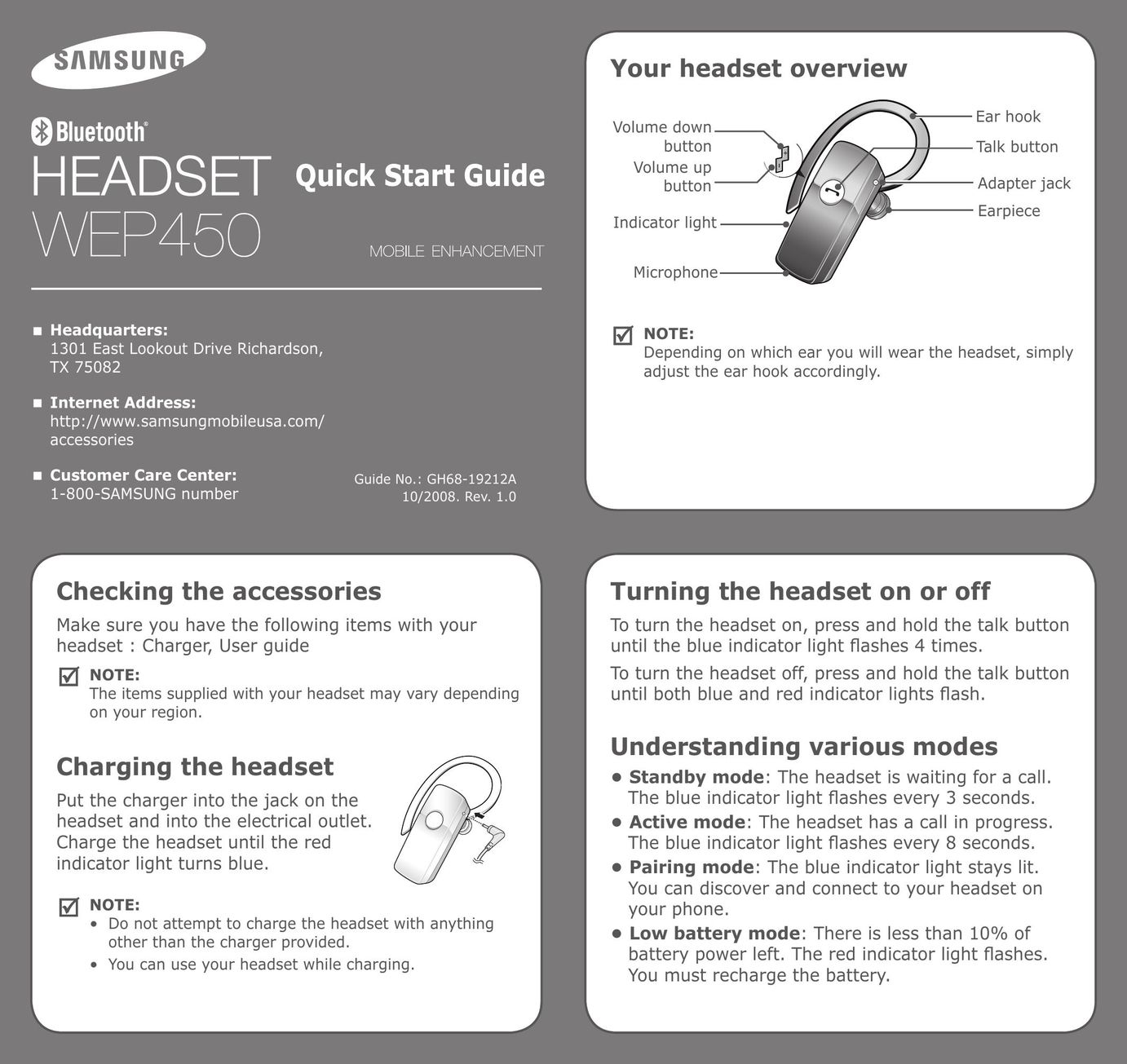 Samsung GH68-19212A Bluetooth Headset User Manual