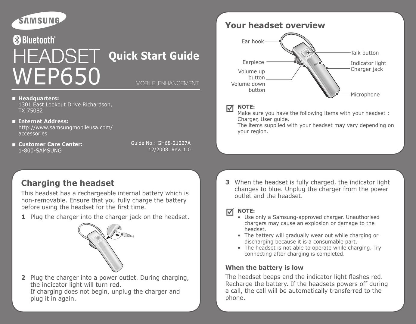 Samsung GH68-21227A Bluetooth Headset User Manual