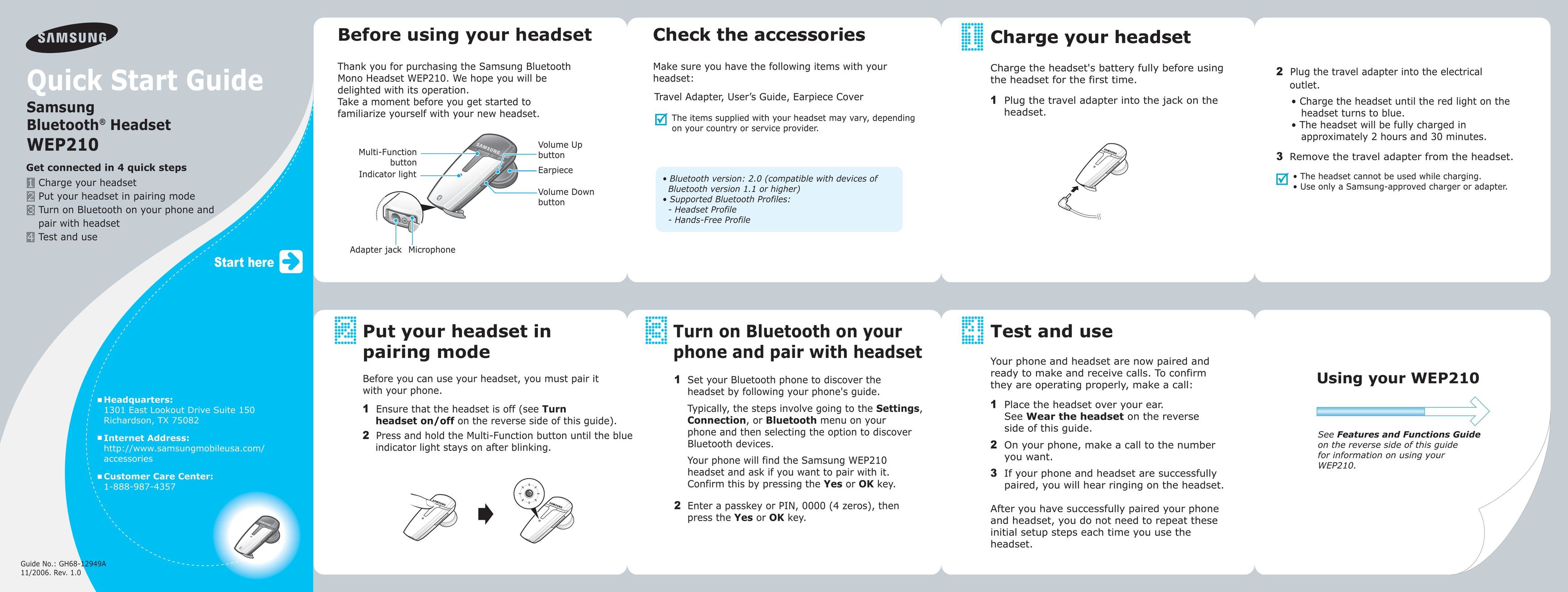 Samsung WEP 210 Bluetooth Headset User Manual