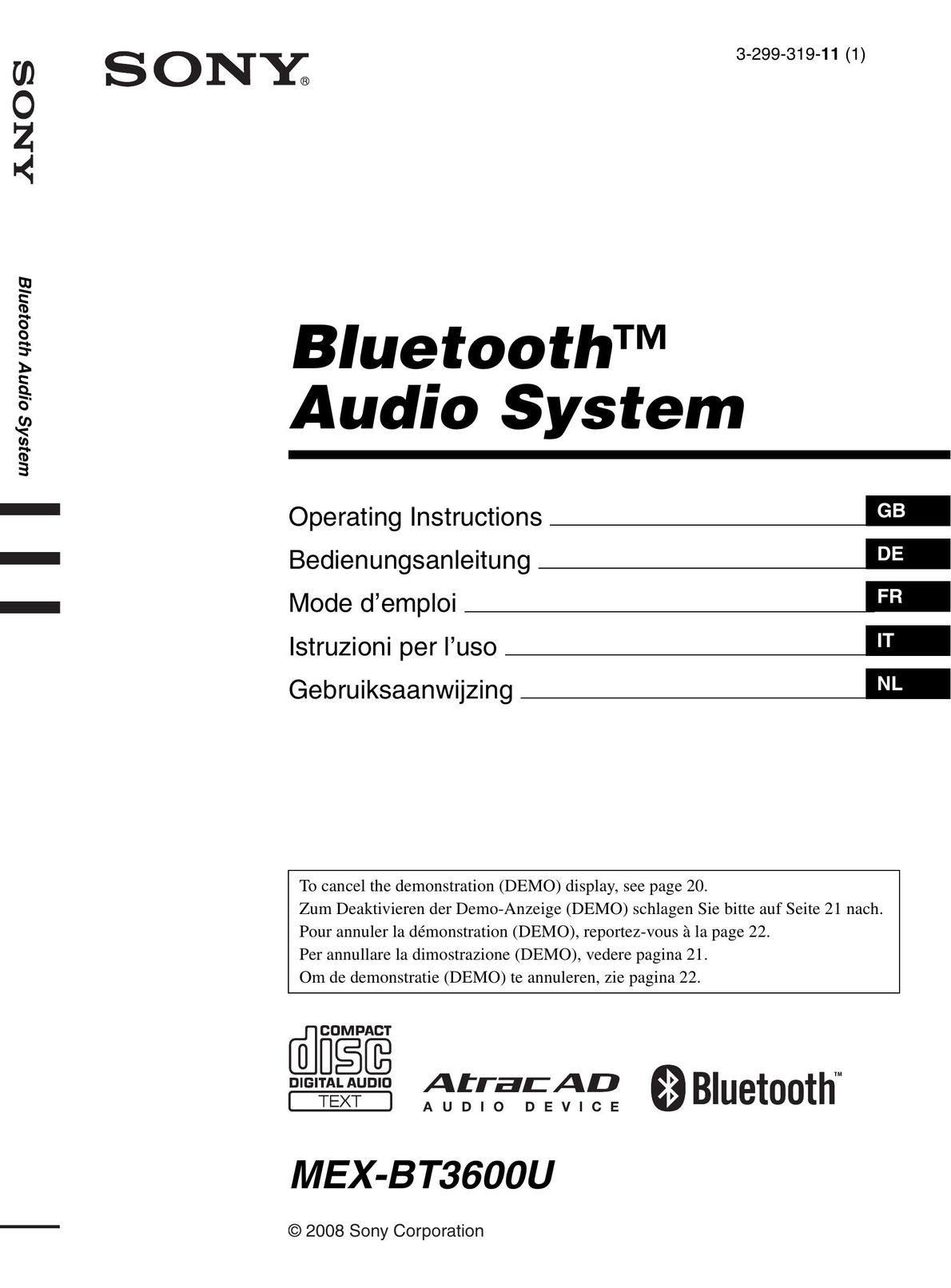 Sony MEX-BT3600U Bluetooth Headset User Manual
