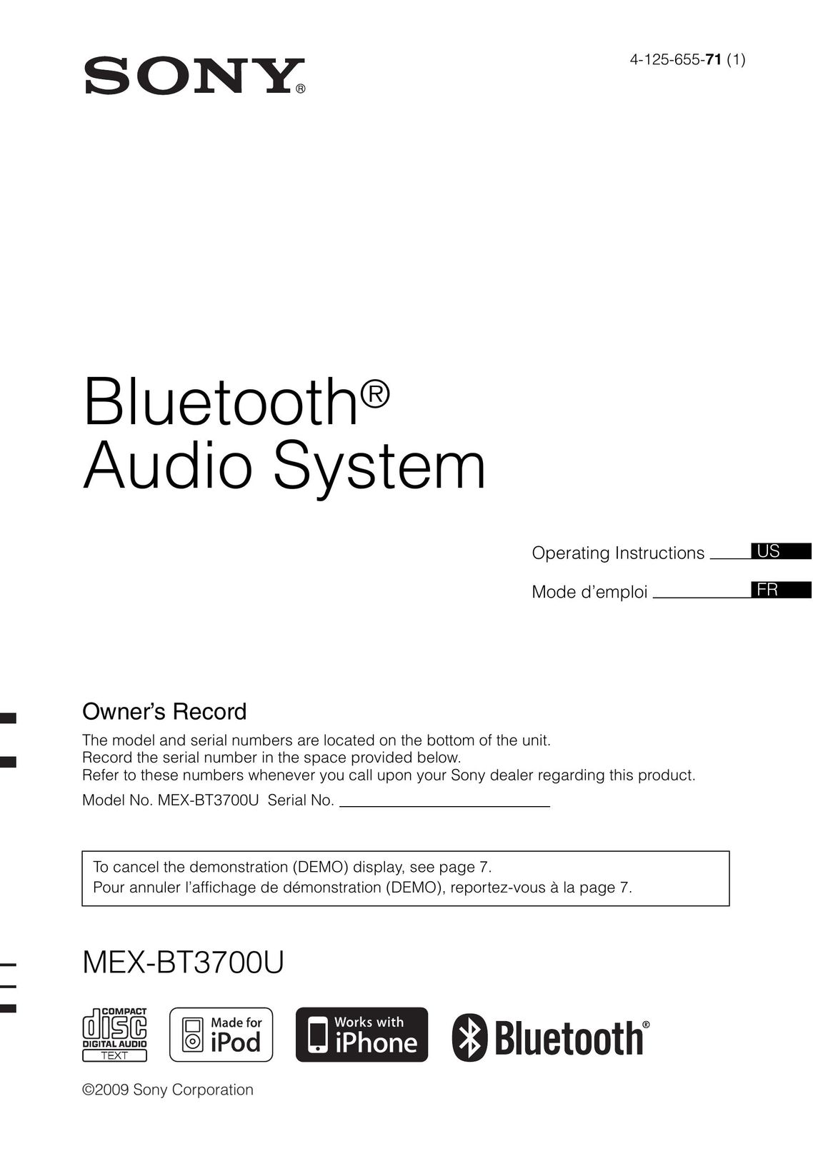Sony MEX-BT3700U Bluetooth Headset User Manual