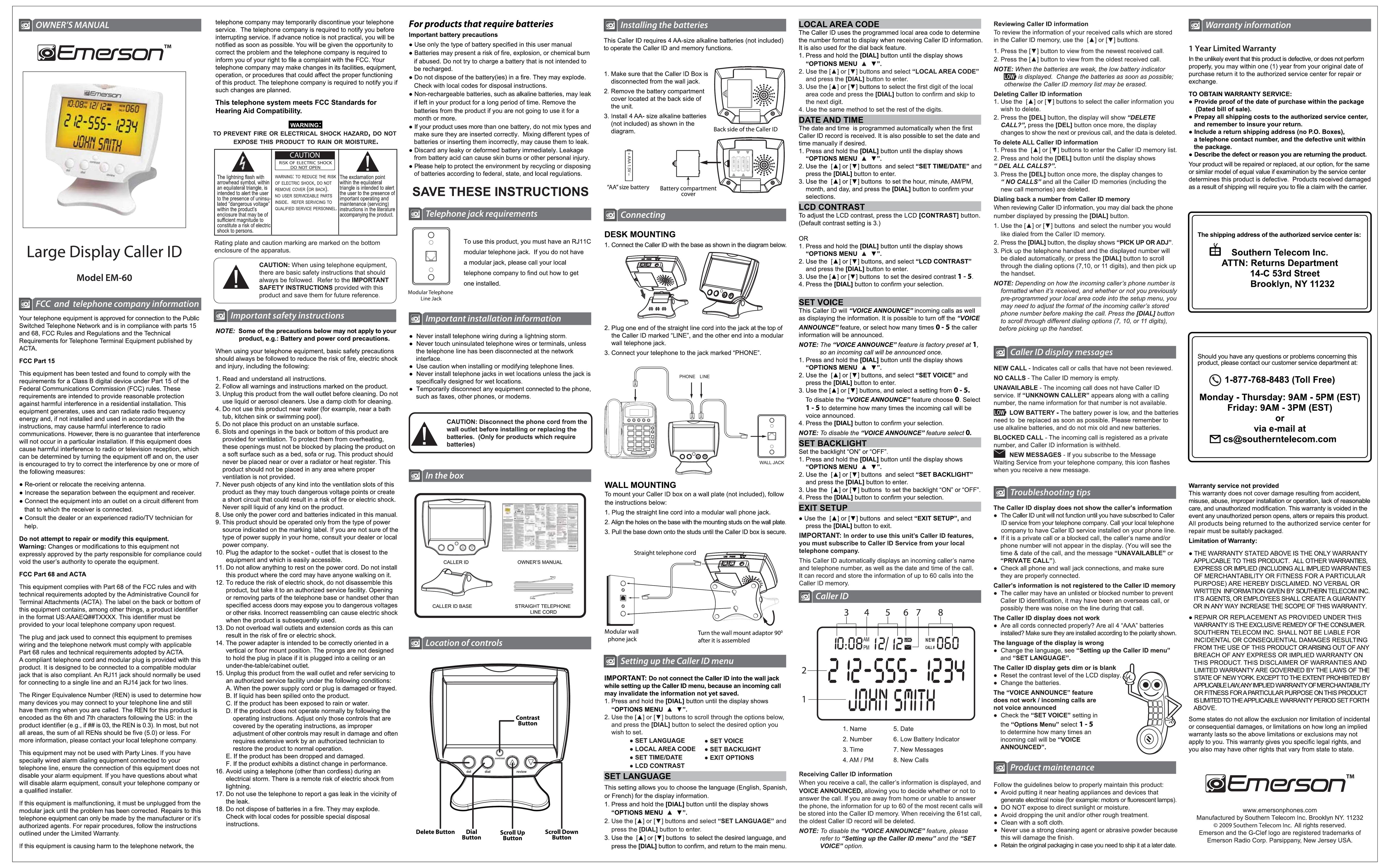 Emerson EM-60 Caller ID Box User Manual