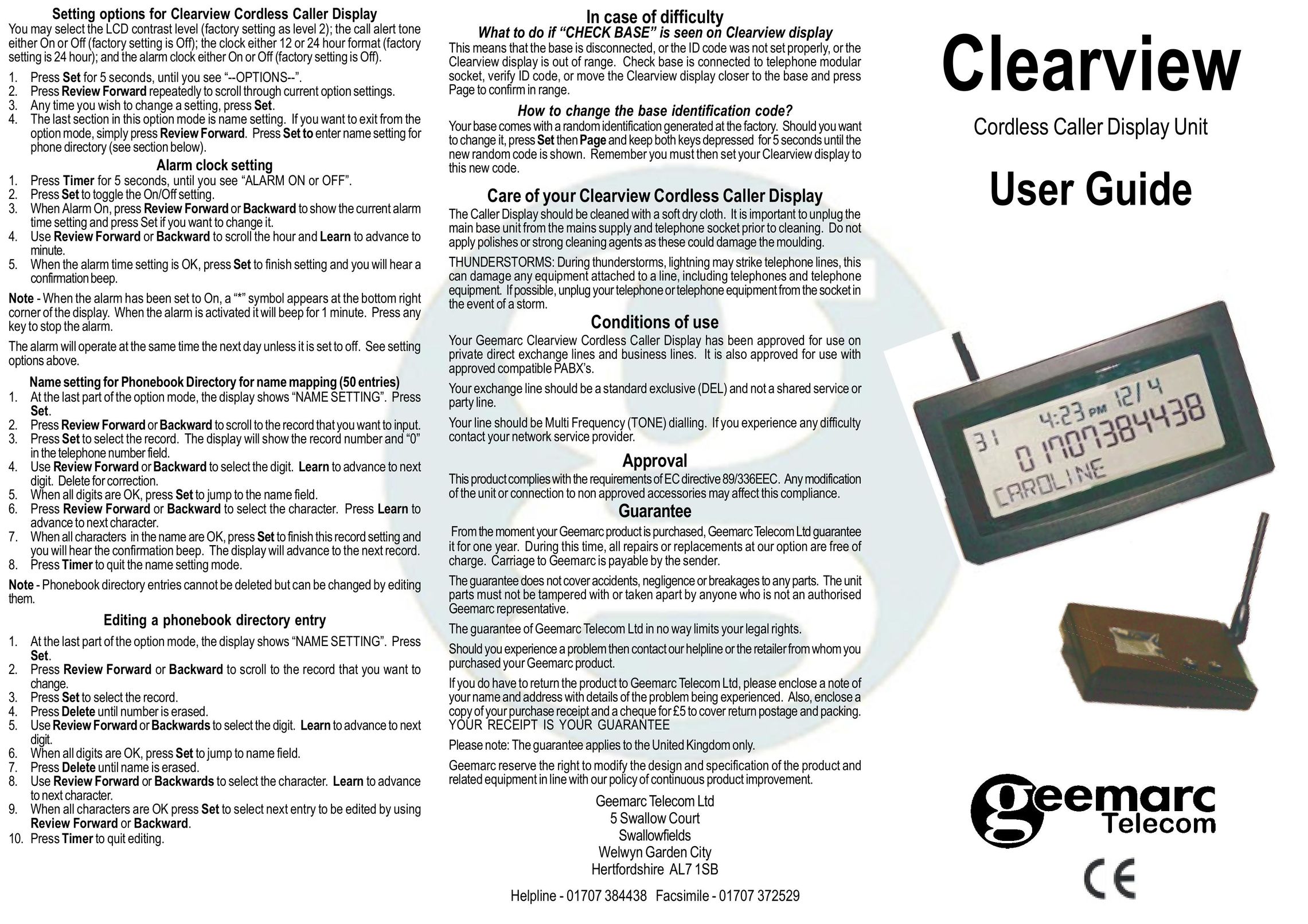 Geemarc Cordless Caller Display Unit Caller ID Box User Manual