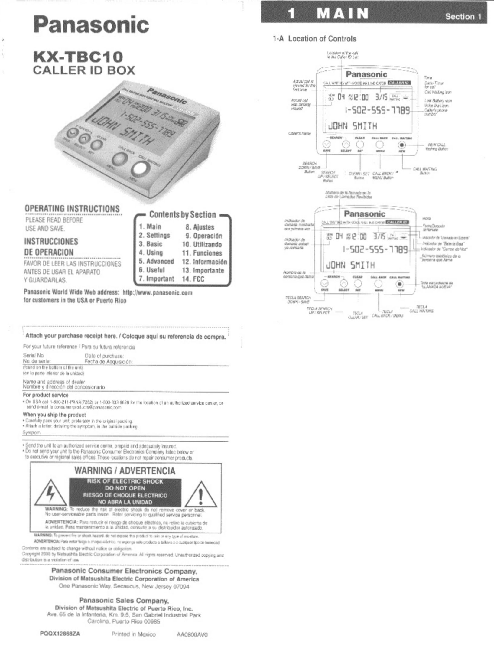 Panasonic KX-TBC10 Caller ID Box User Manual