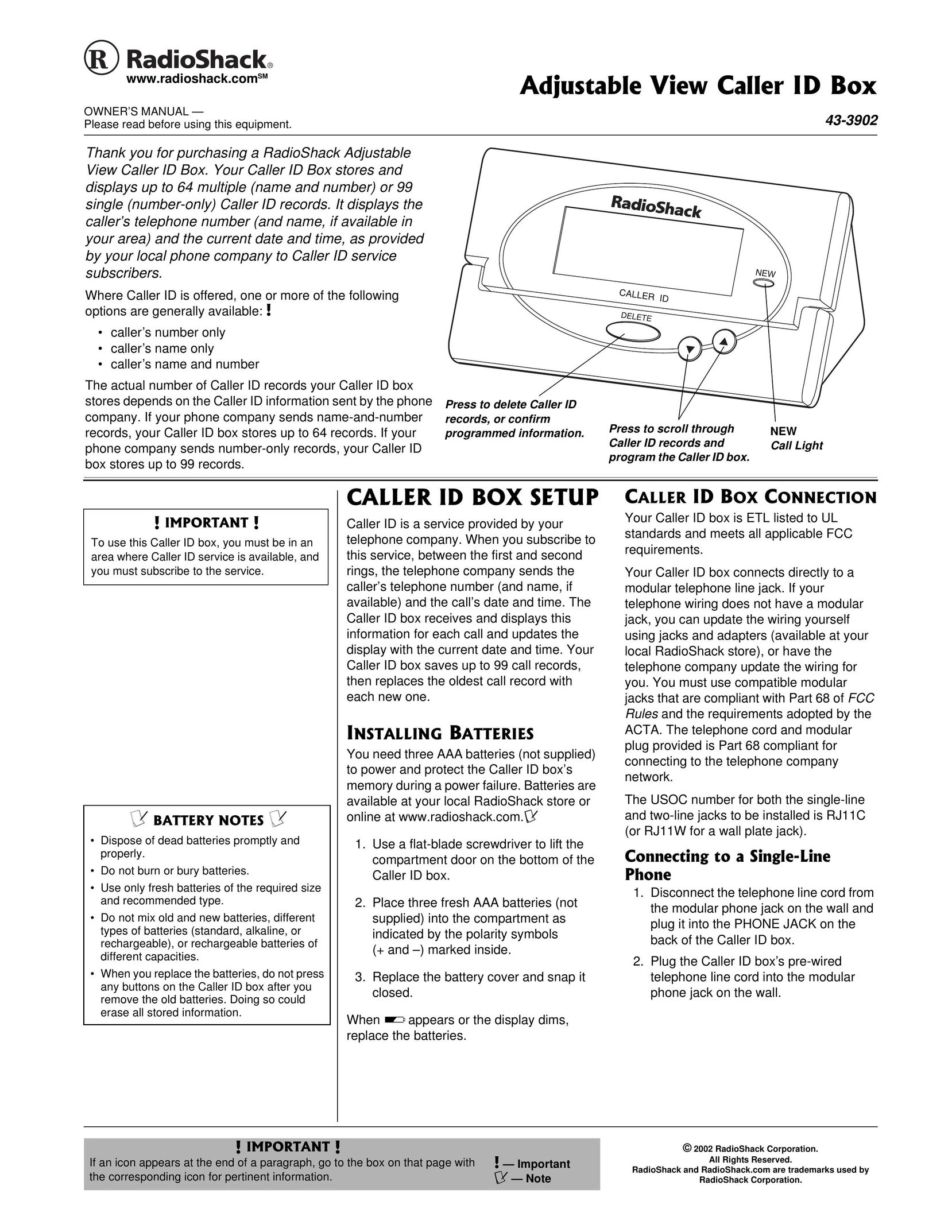 Radio Shack 43-3902 Caller ID Box User Manual