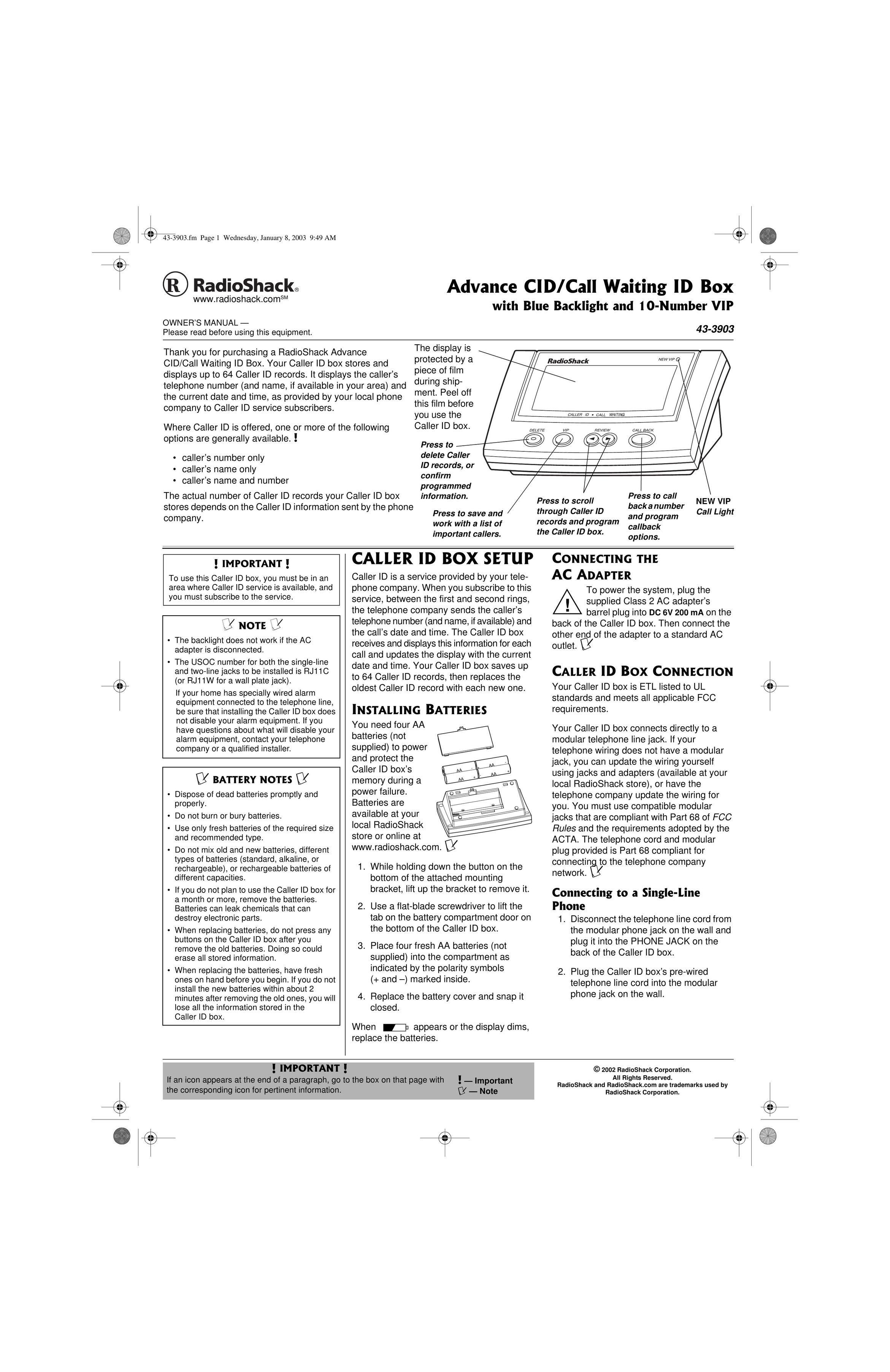 Radio Shack 43-3903 Caller ID Box User Manual