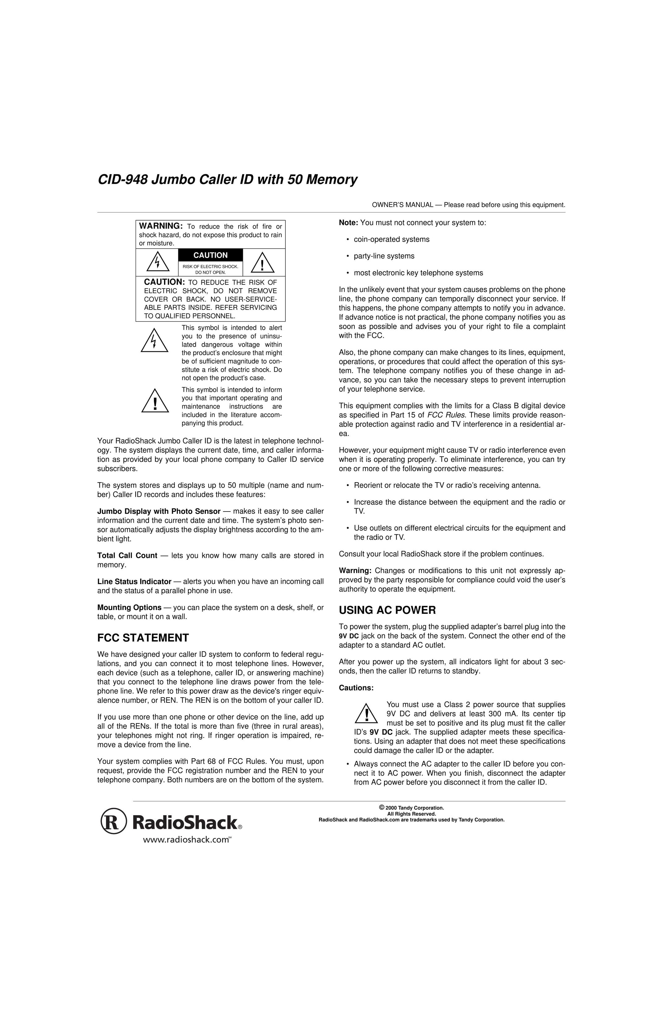 Radio Shack 43-948 Caller ID Box User Manual