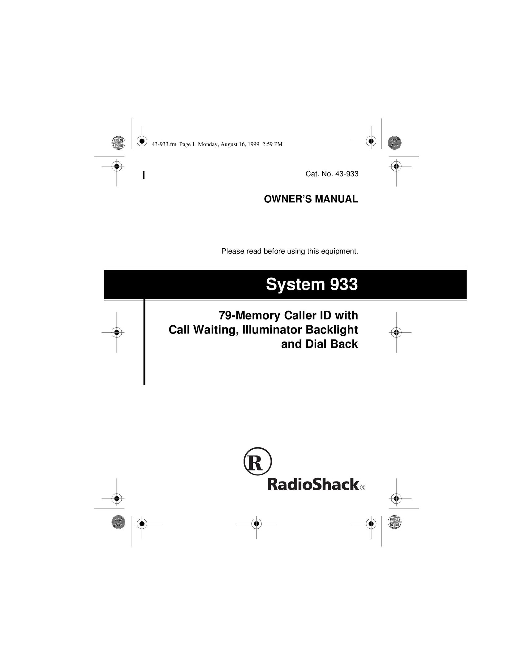 Radio Shack SYSTEM 933 Caller ID Box User Manual