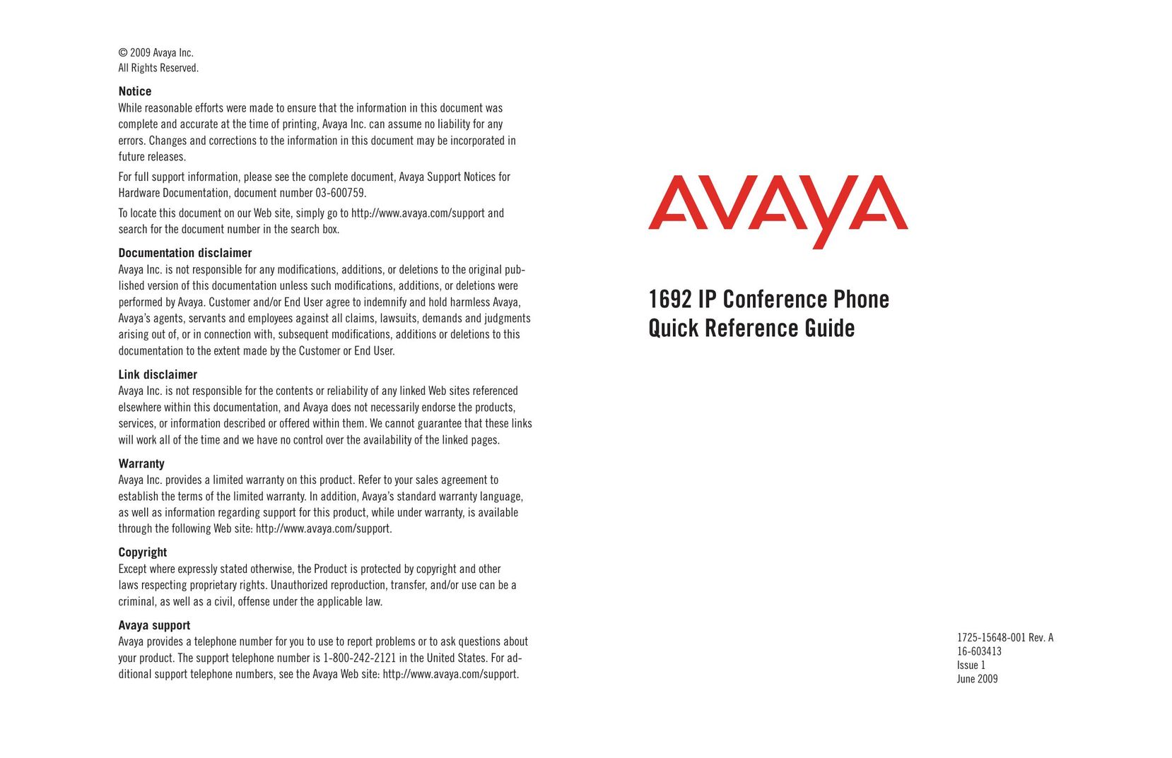 Avaya 16-603413 Conference Phone User Manual
