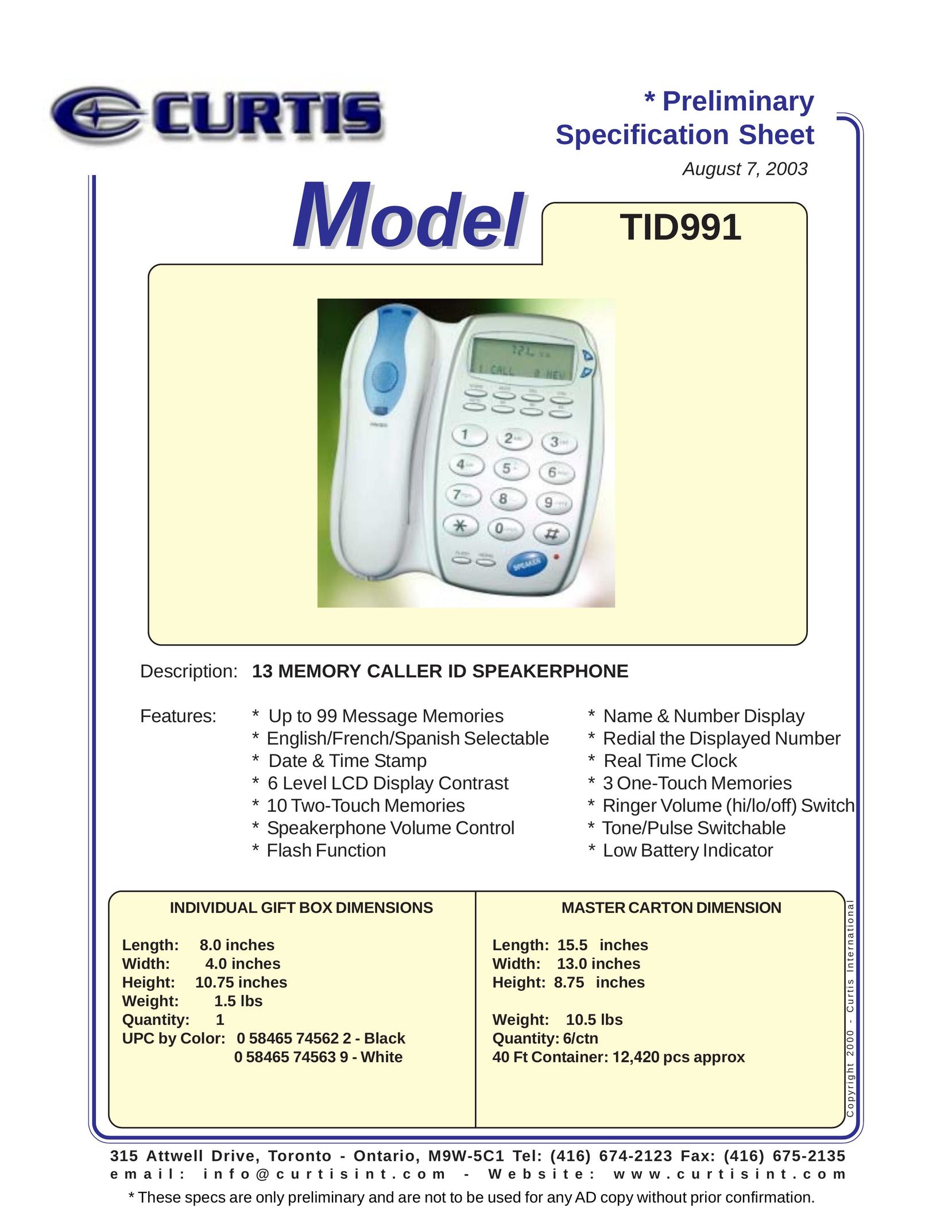 Curtis TID911 Conference Phone User Manual