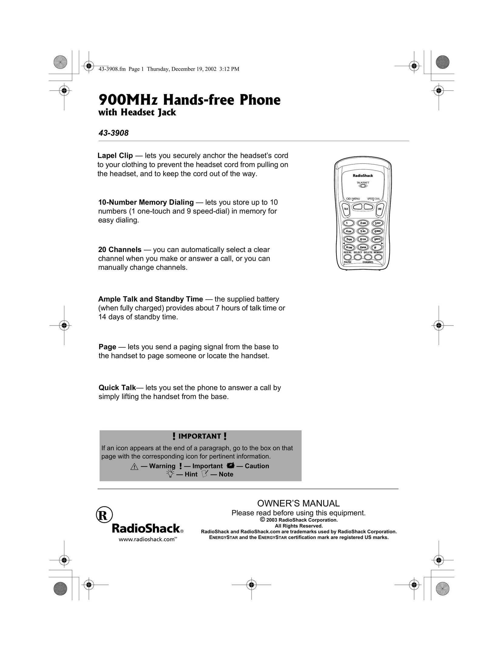 Radio Shack 43-3908 Conference Phone User Manual