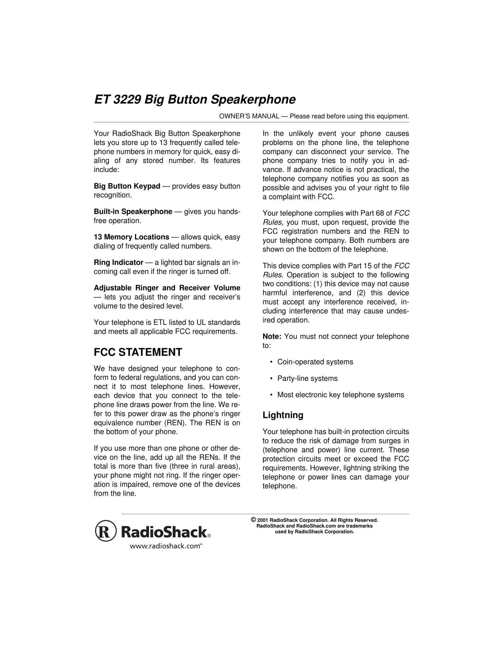 Radio Shack ET 3229 Conference Phone User Manual