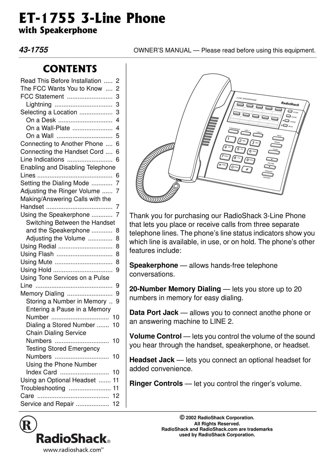 Radio Shack ET-1755 Conference Phone User Manual