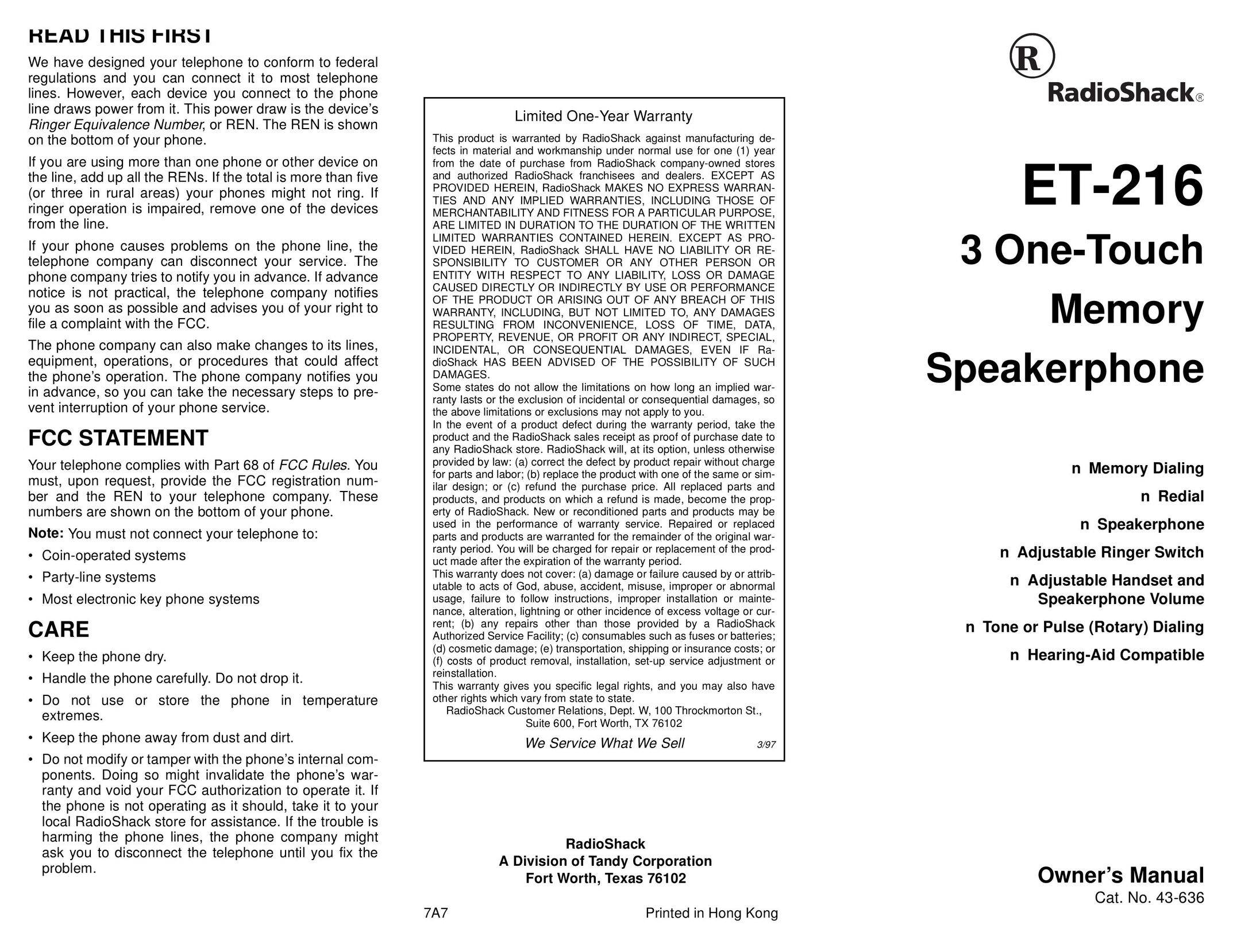 Radio Shack ET-216 Conference Phone User Manual