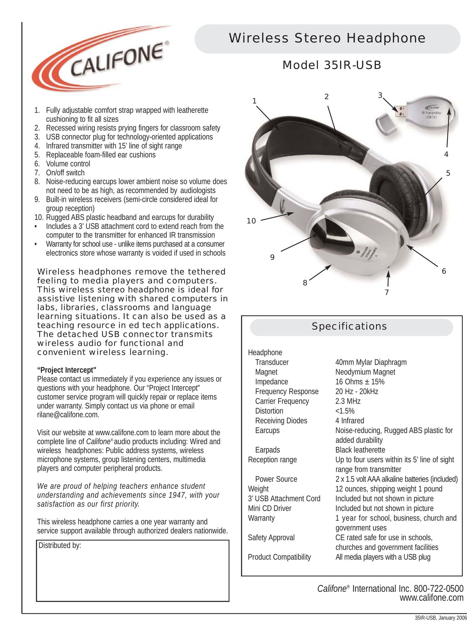 Califone 35IR Corded Headset User Manual