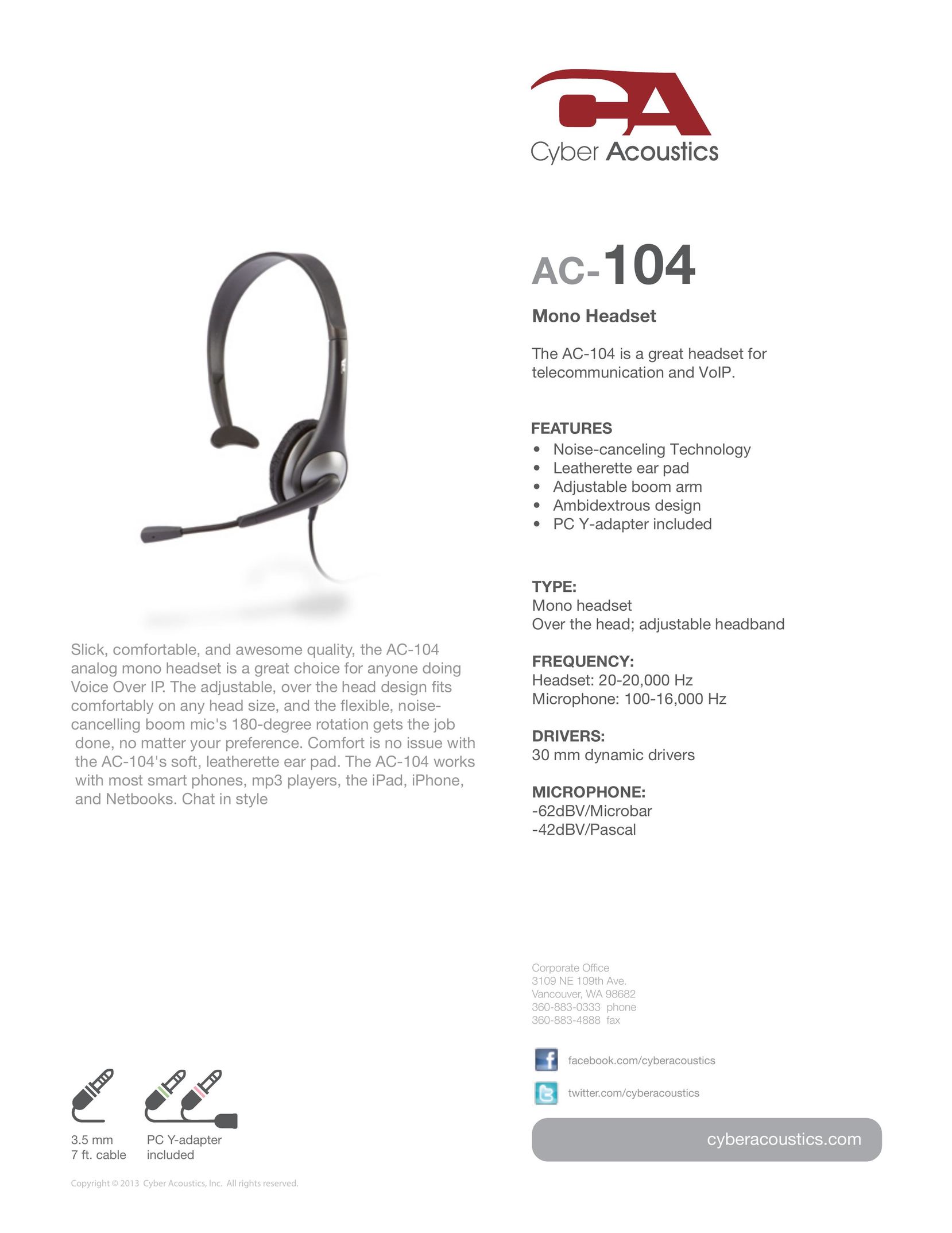 Cyber Acoustics AC-104 Corded Headset User Manual