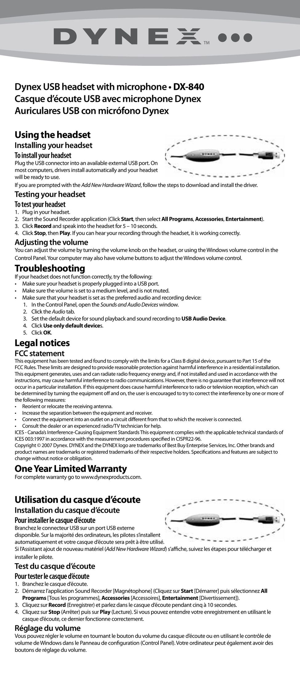 Dynex DX-840 Corded Headset User Manual