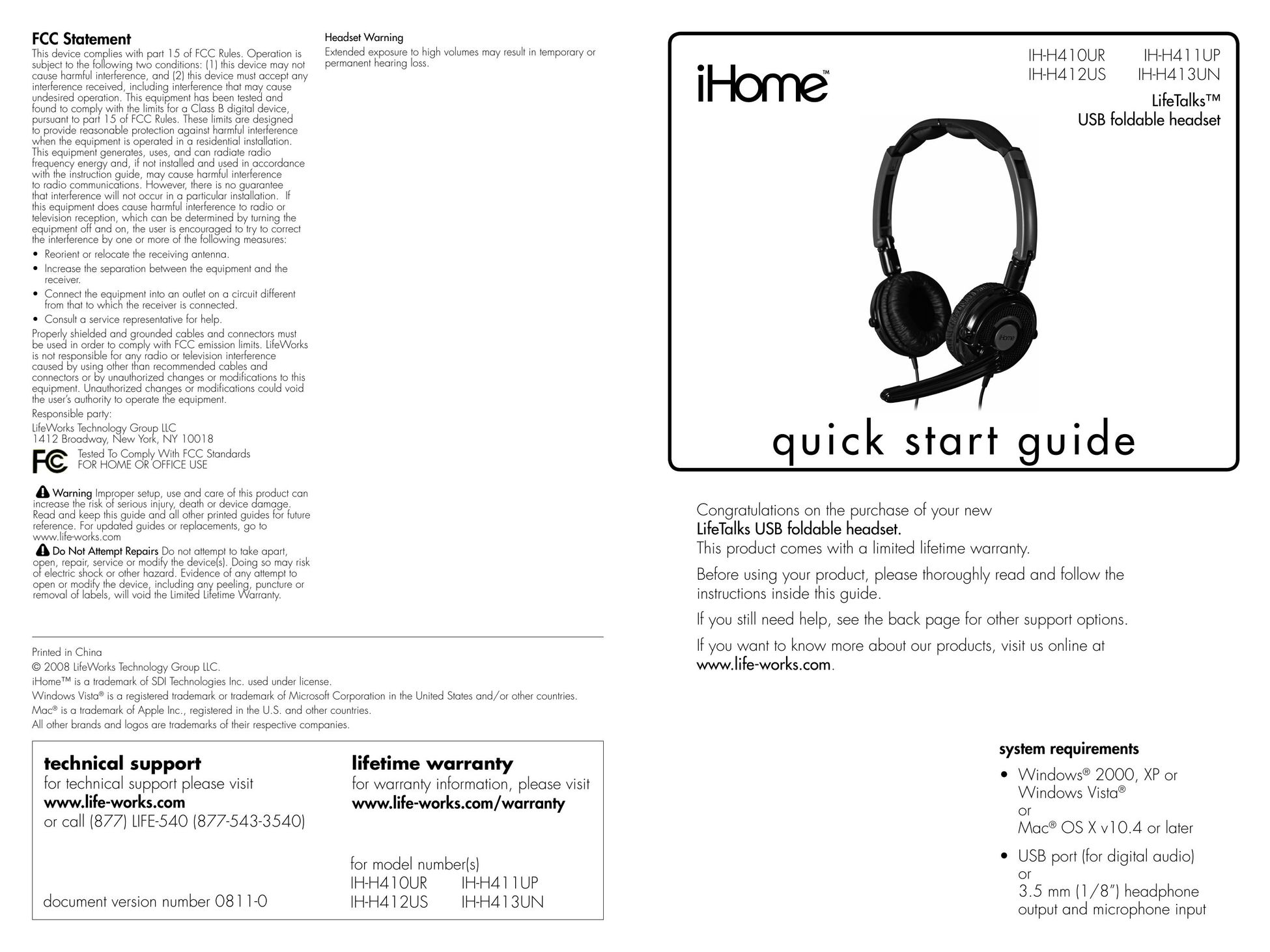 iHome IH-H411UP Corded Headset User Manual