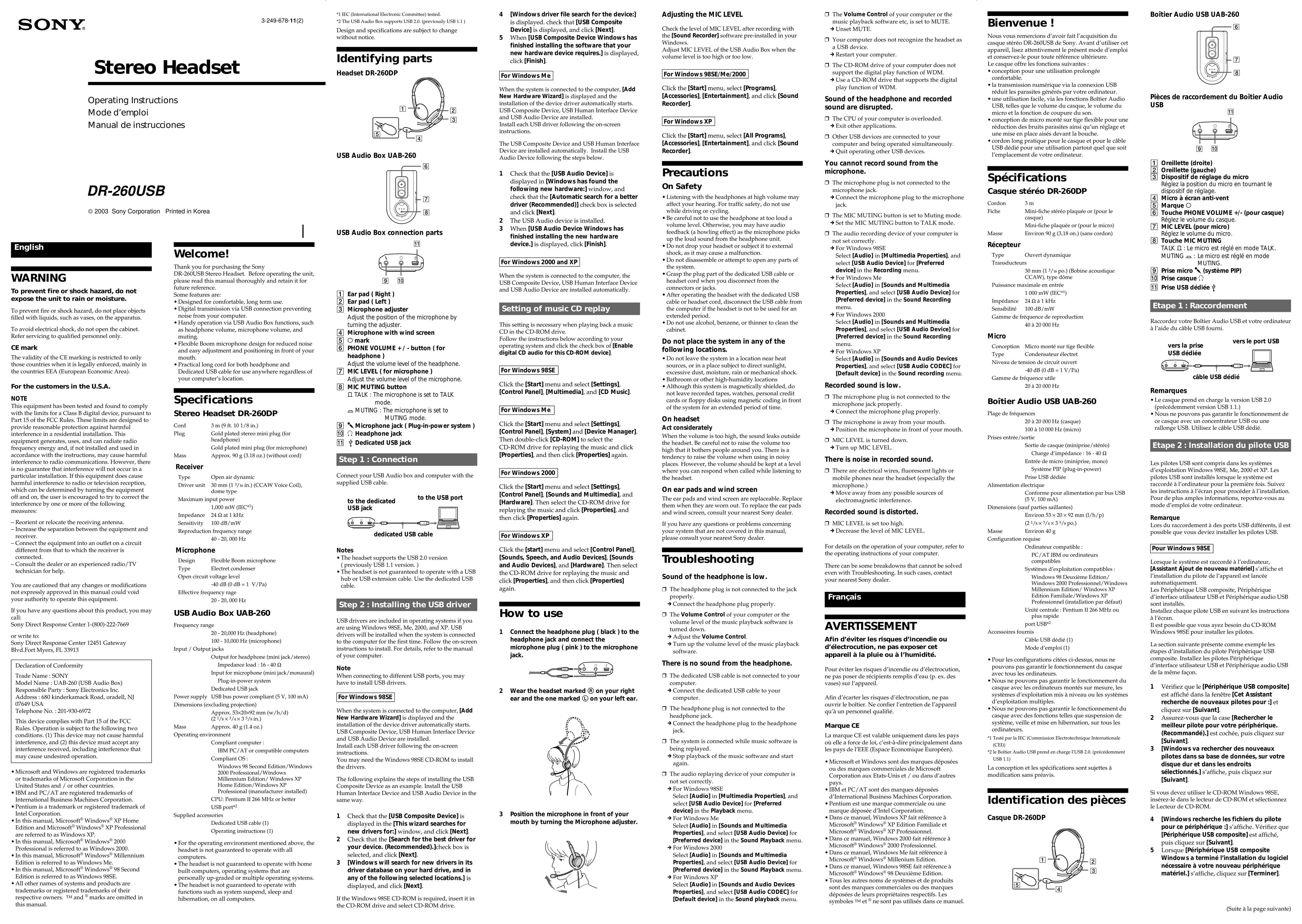 Sony DR 260 Corded Headset User Manual