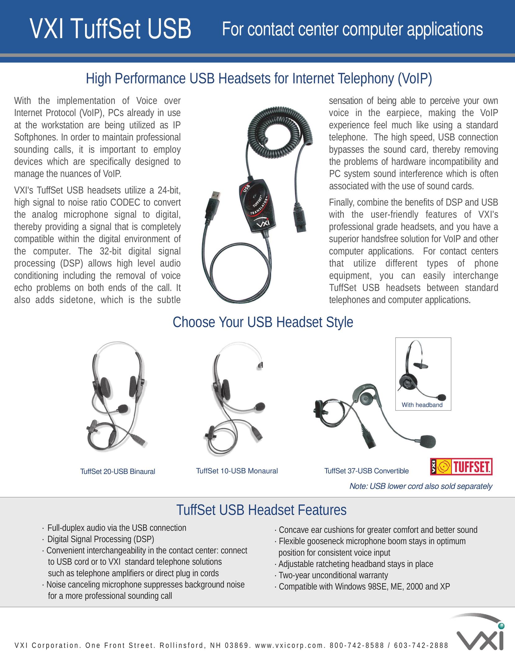 VXI TuffSet 20-USB Binaural Corded Headset User Manual