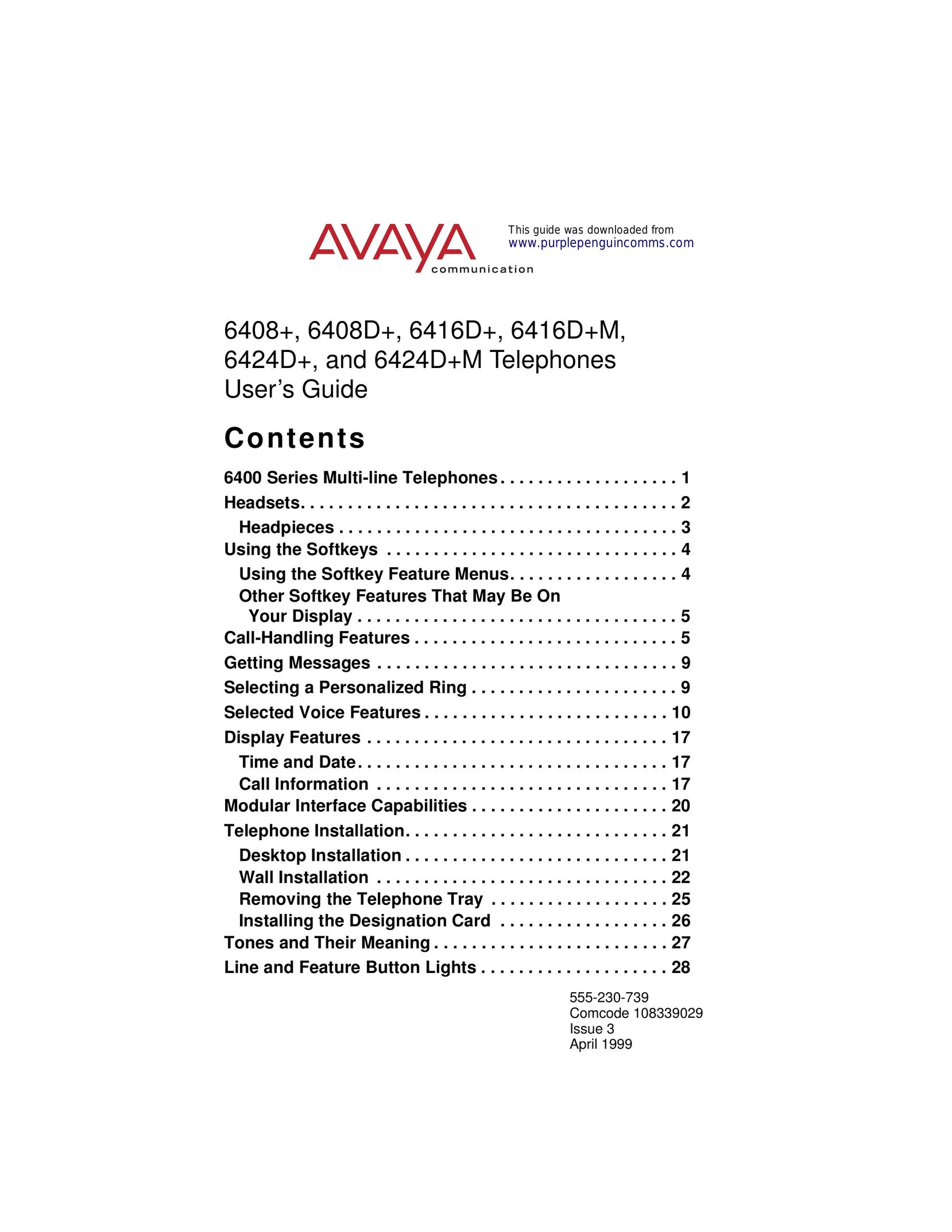 Avaya 6416D+M Cordless Telephone User Manual