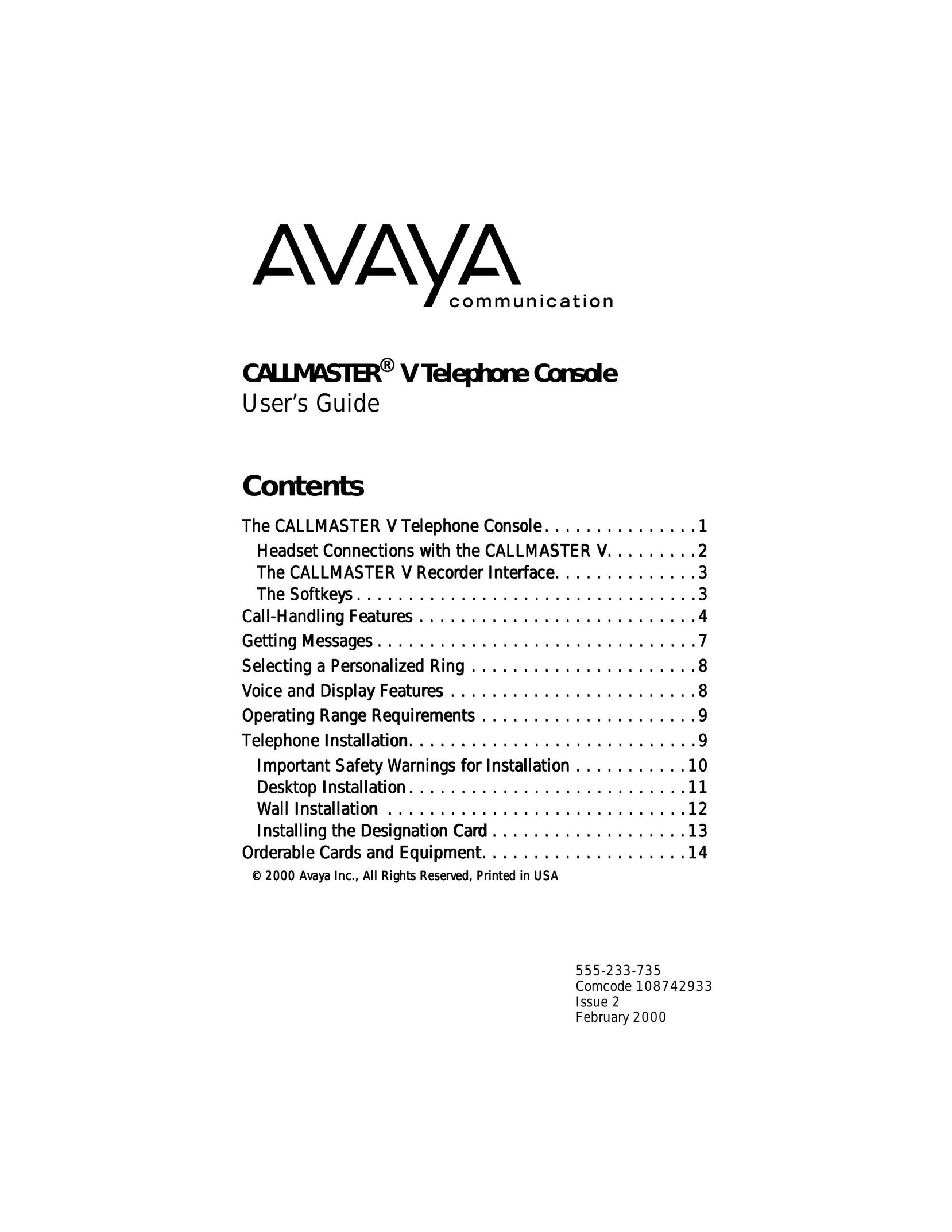 Avaya Callmaster V Cordless Telephone User Manual