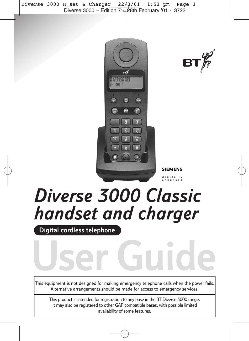 BT 3000 Classic Cordless Telephone User Manual