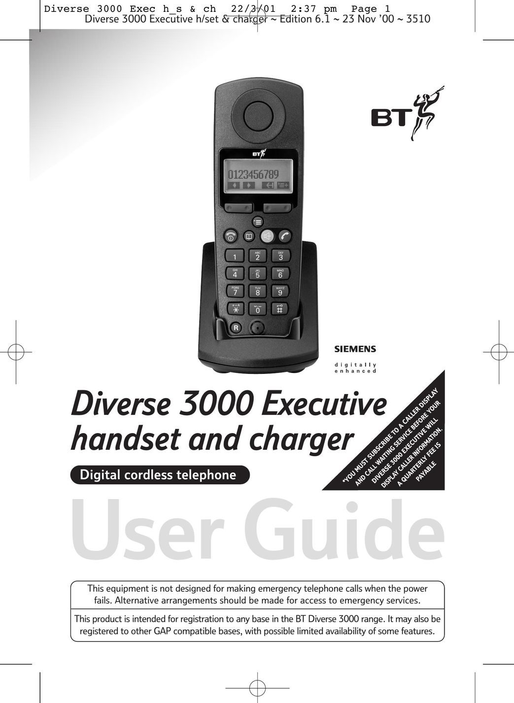 BT 3000 Executive Cordless Telephone User Manual