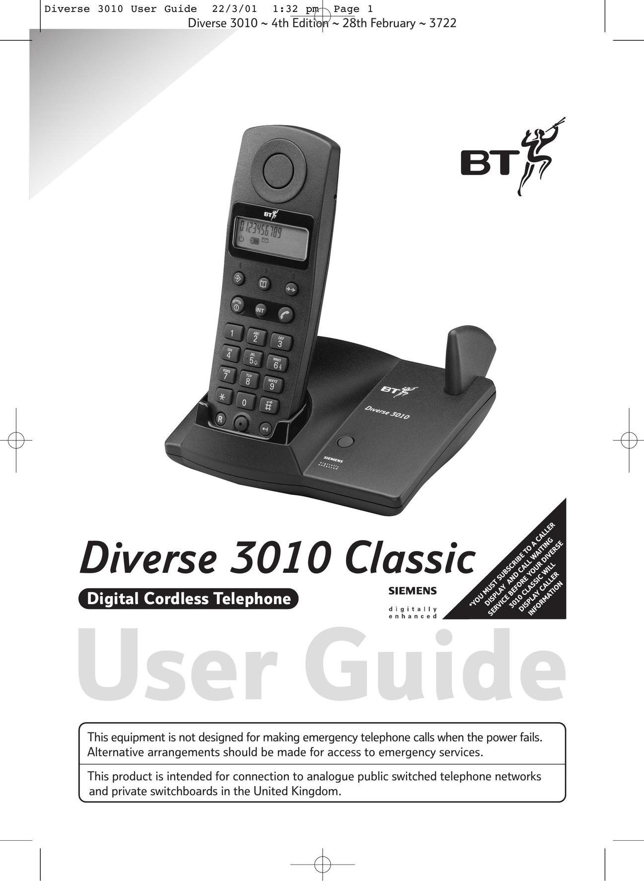 BT 3010 Classic Cordless Telephone User Manual