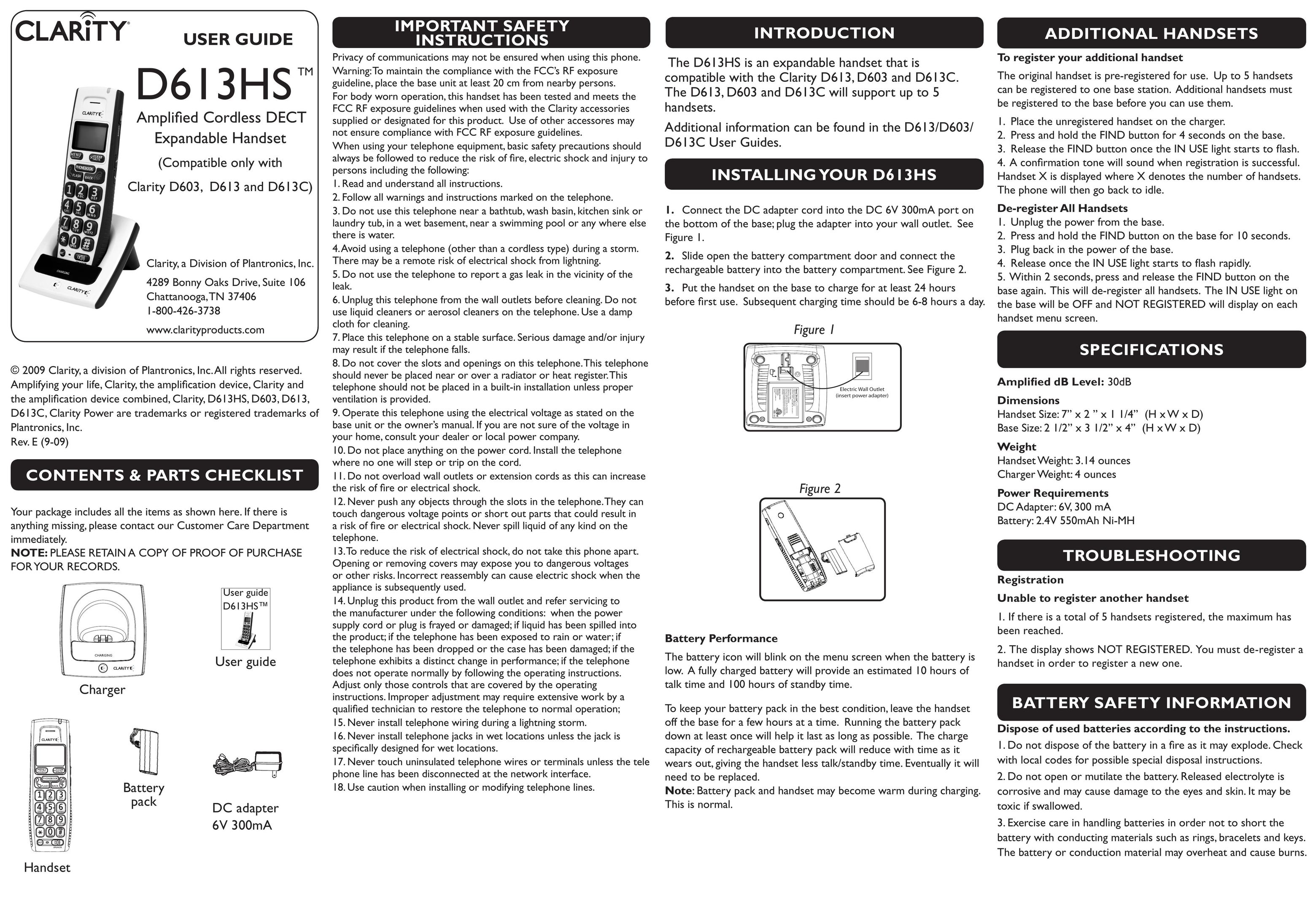 Clarity D613HS Cordless Telephone User Manual